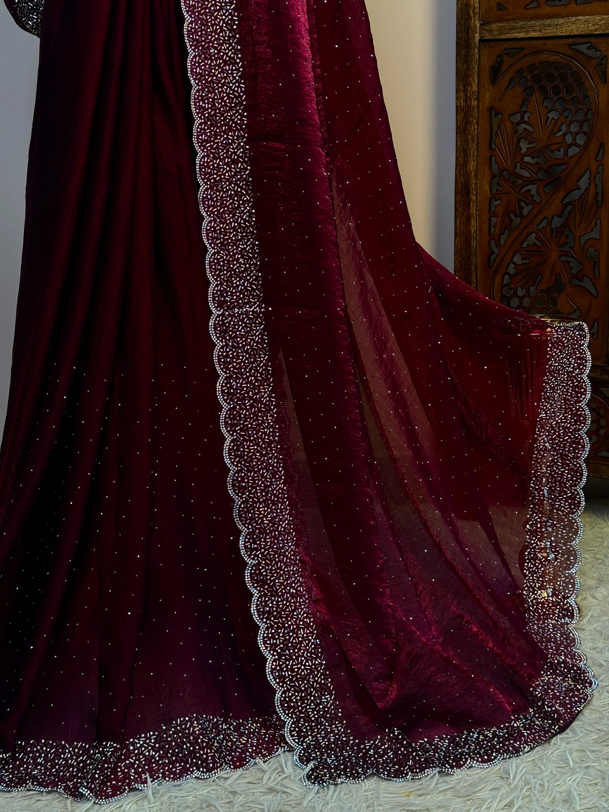 Dark Wine Tissue Stonework North Saree - view 4