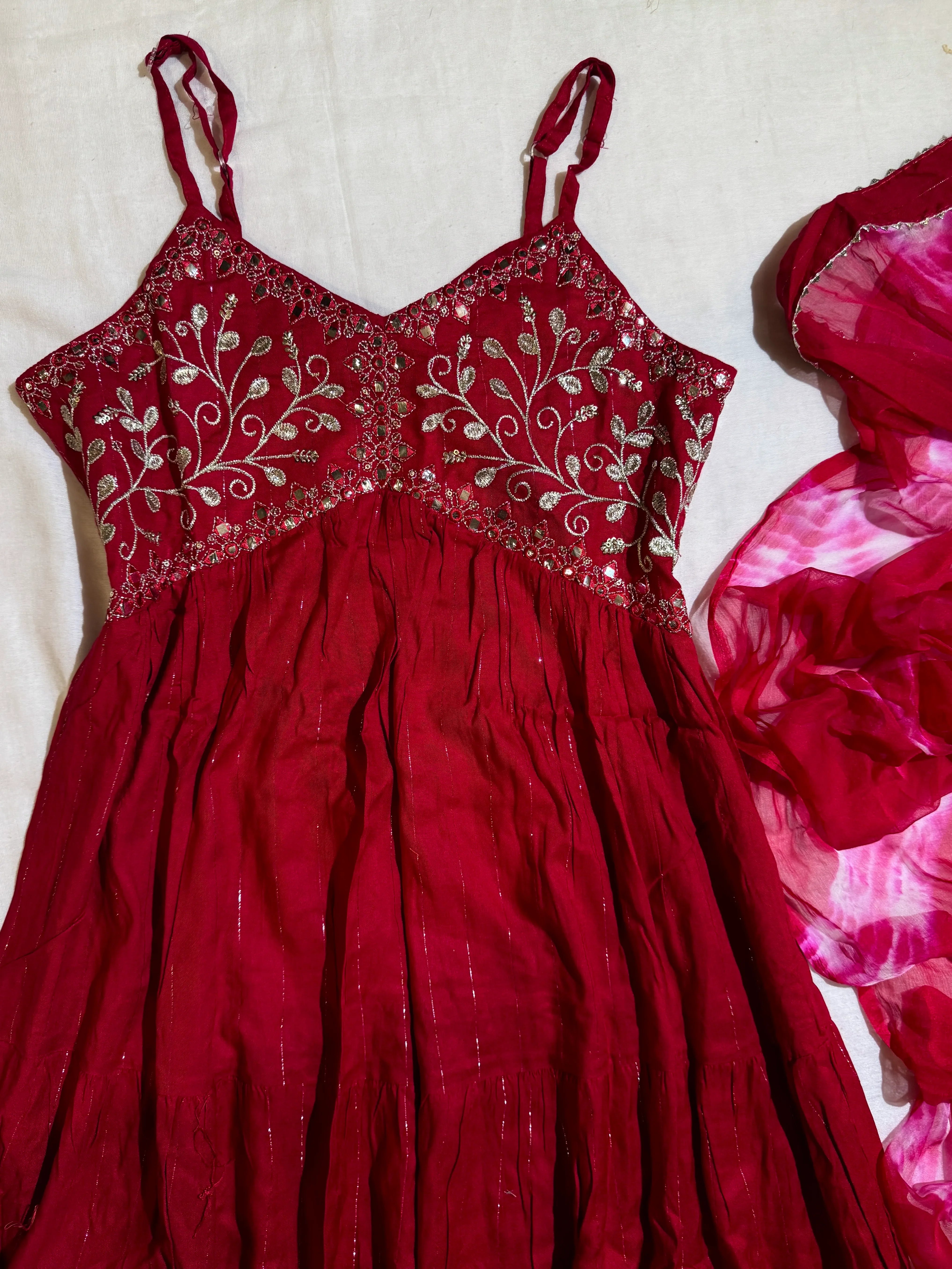 Rani-Pink Zari-Muslin Embroidered Flare-Anarkali-Kurti-Dupatta-Set