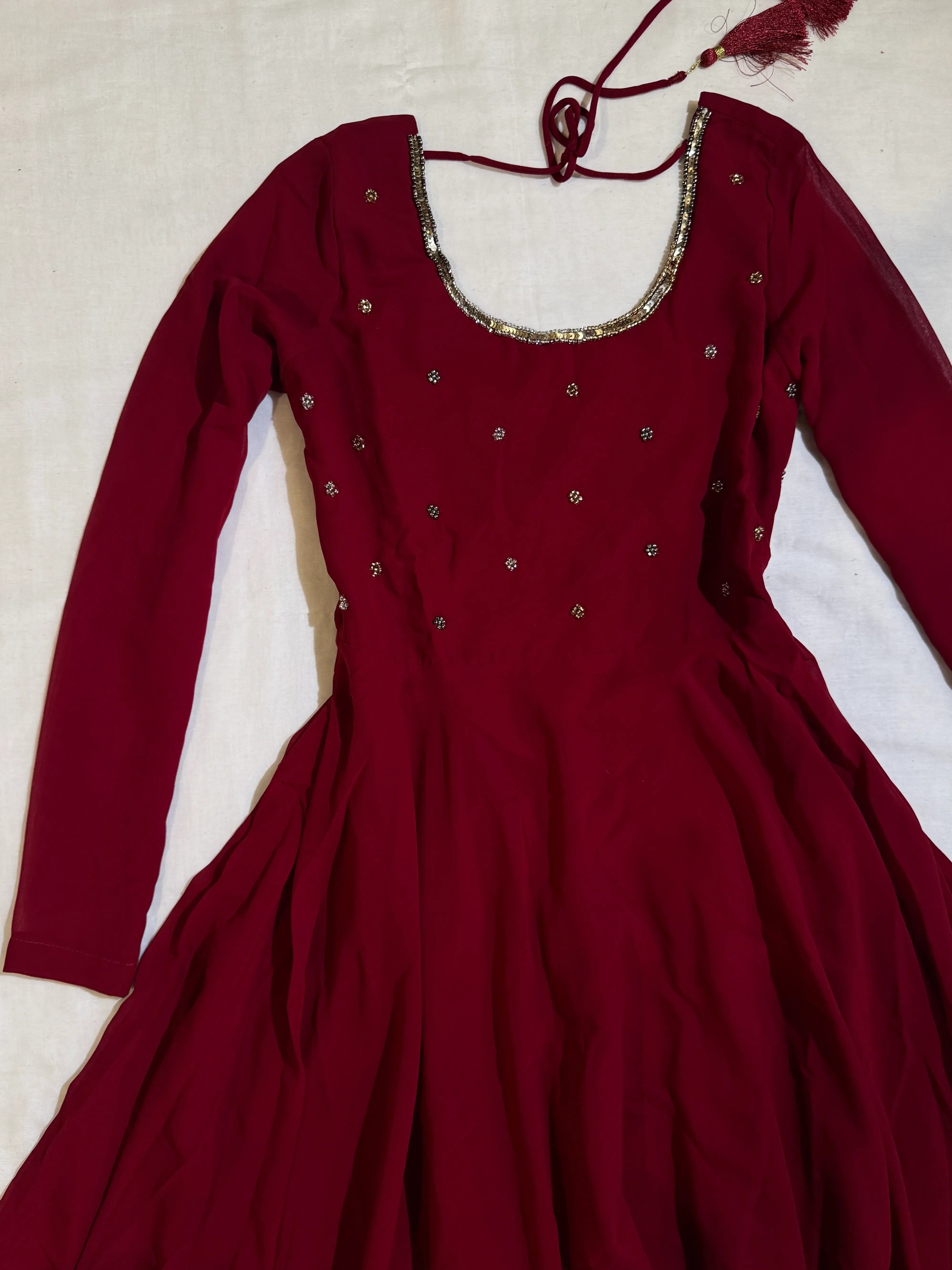 Cherry-Pink Stonework Chiffon Flare-Anarkali-Kurti