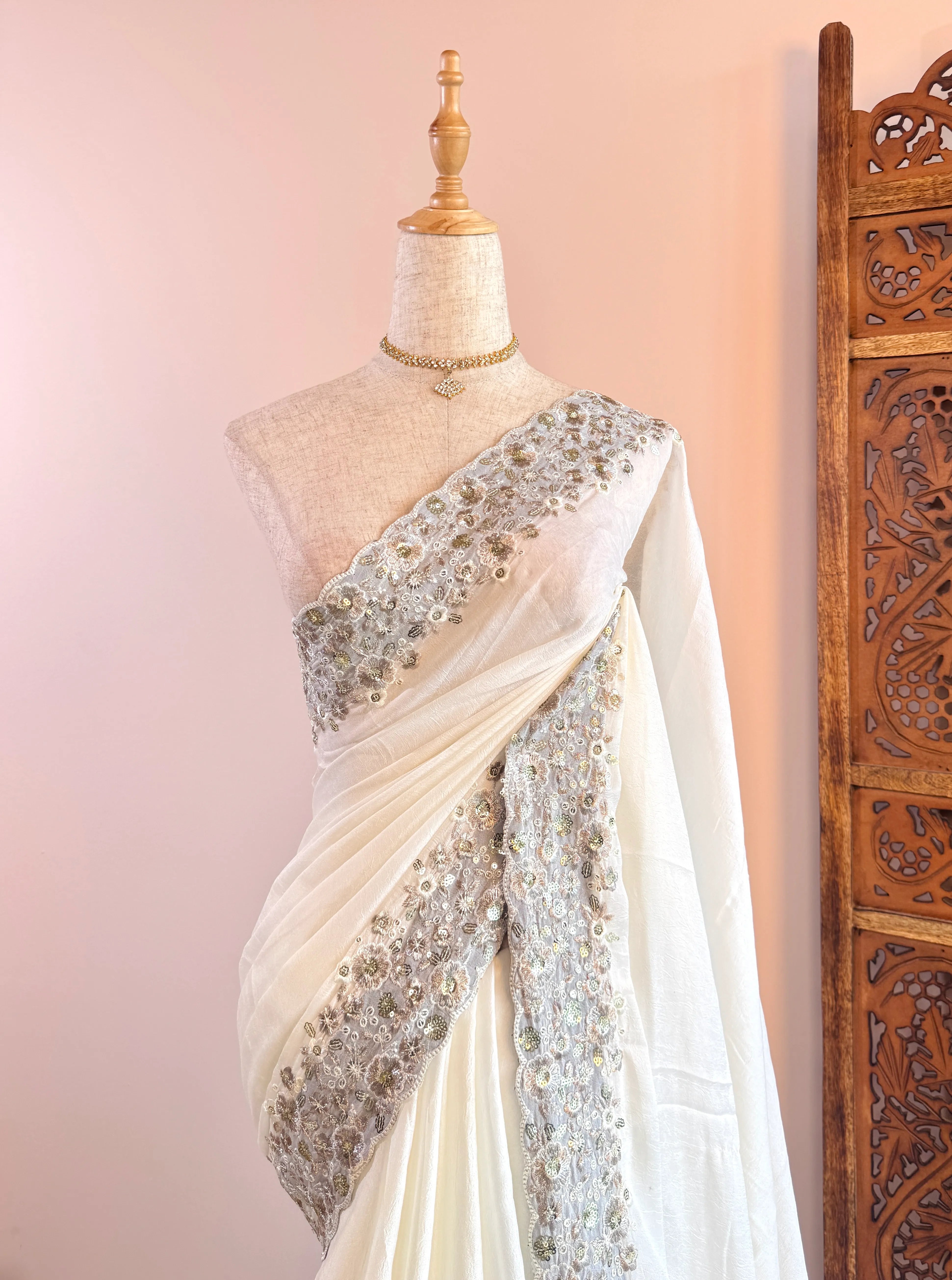 White Crepe-Silk Sequin-Floral-Embroidered North-Saree
