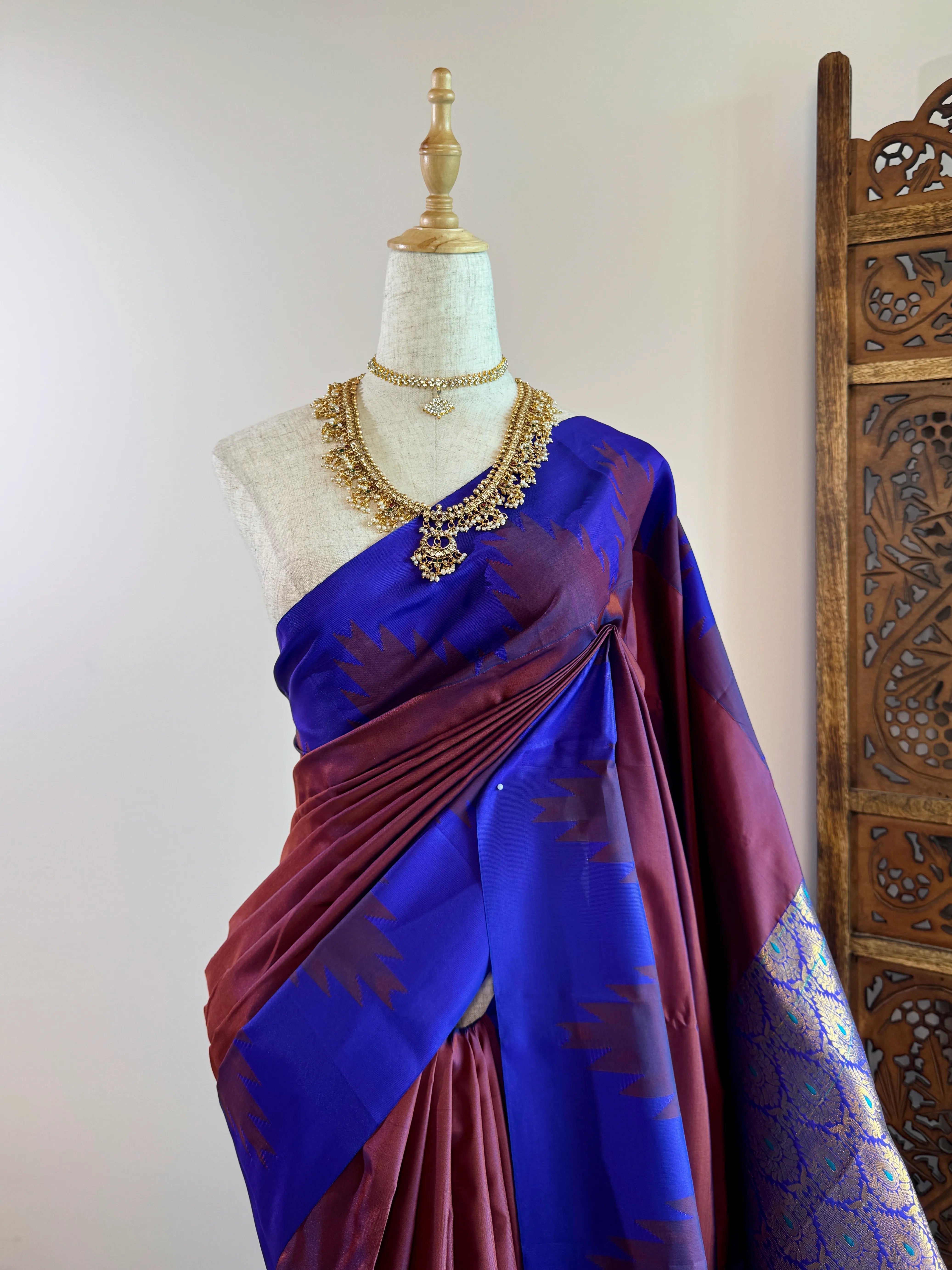 Plum-Purple Premium Soft-Silk Temple-Border Tissue-Pallu South-Saree