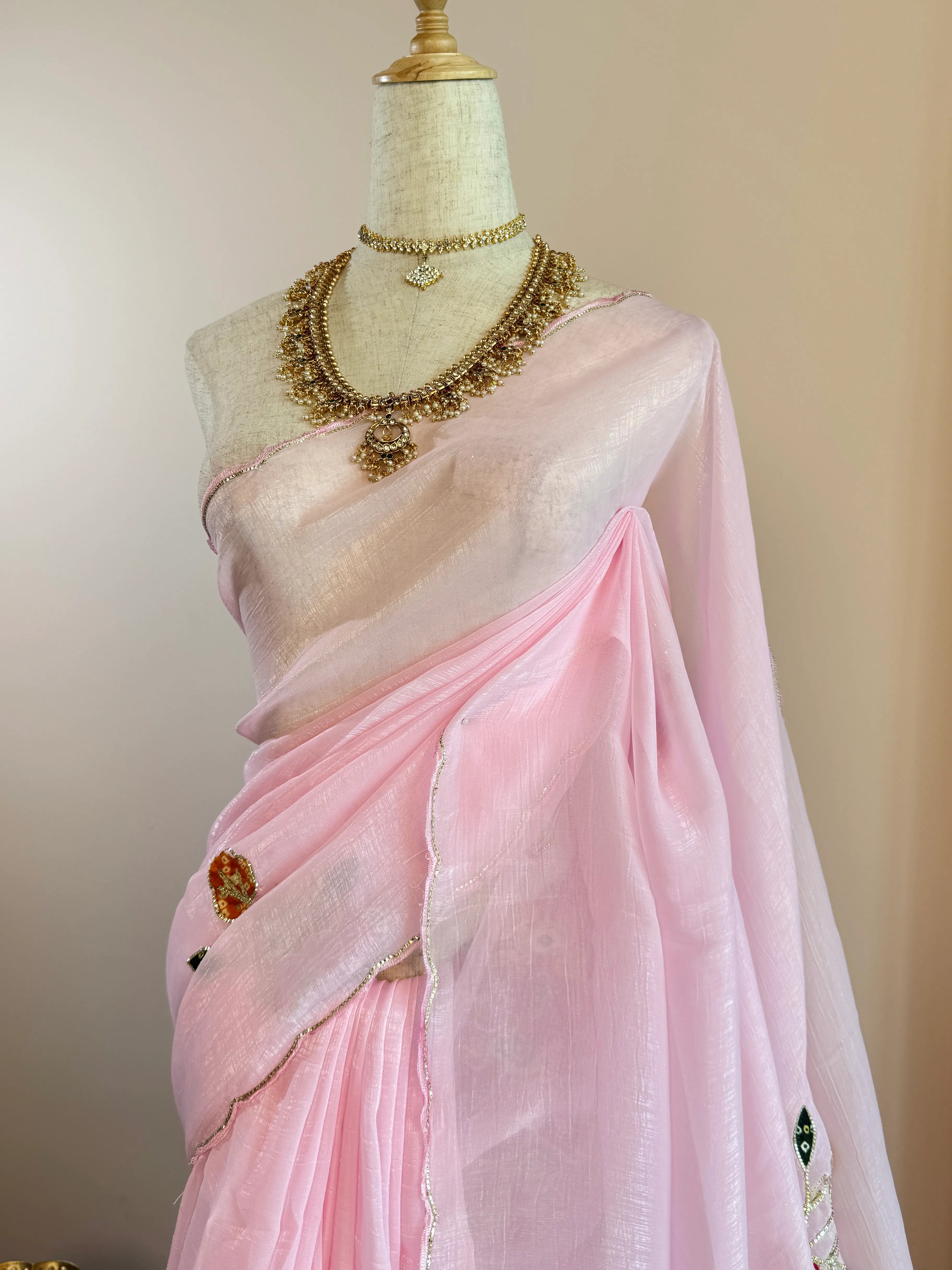 Baby-pink Premium Soft-Organza Handwork-Pallu Bhandini-Bouse North-Saree