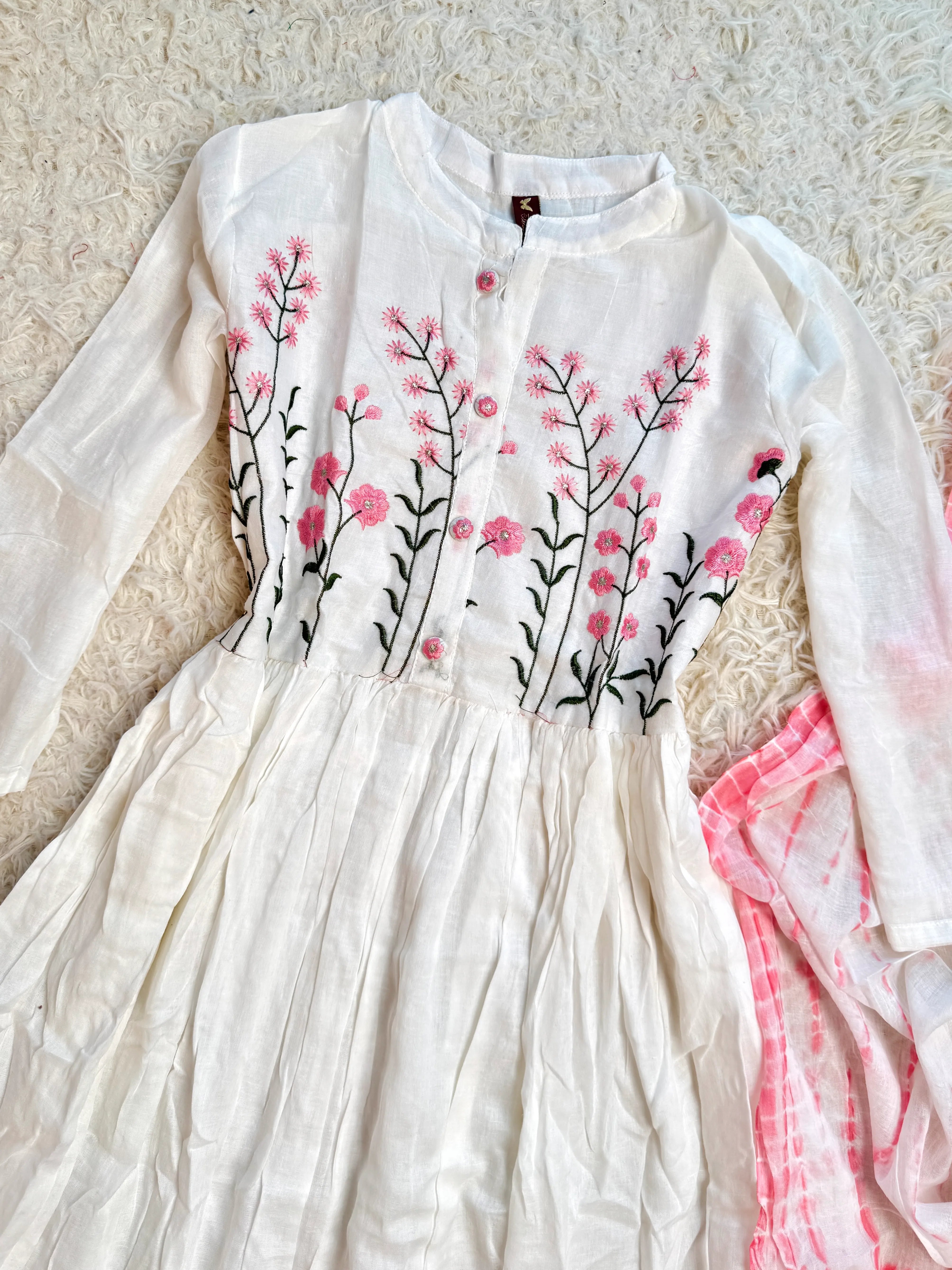 White Pure-Cotton Hand-Embroidery Flare Anarkali-Kurti-Pant-Dupatta-Set