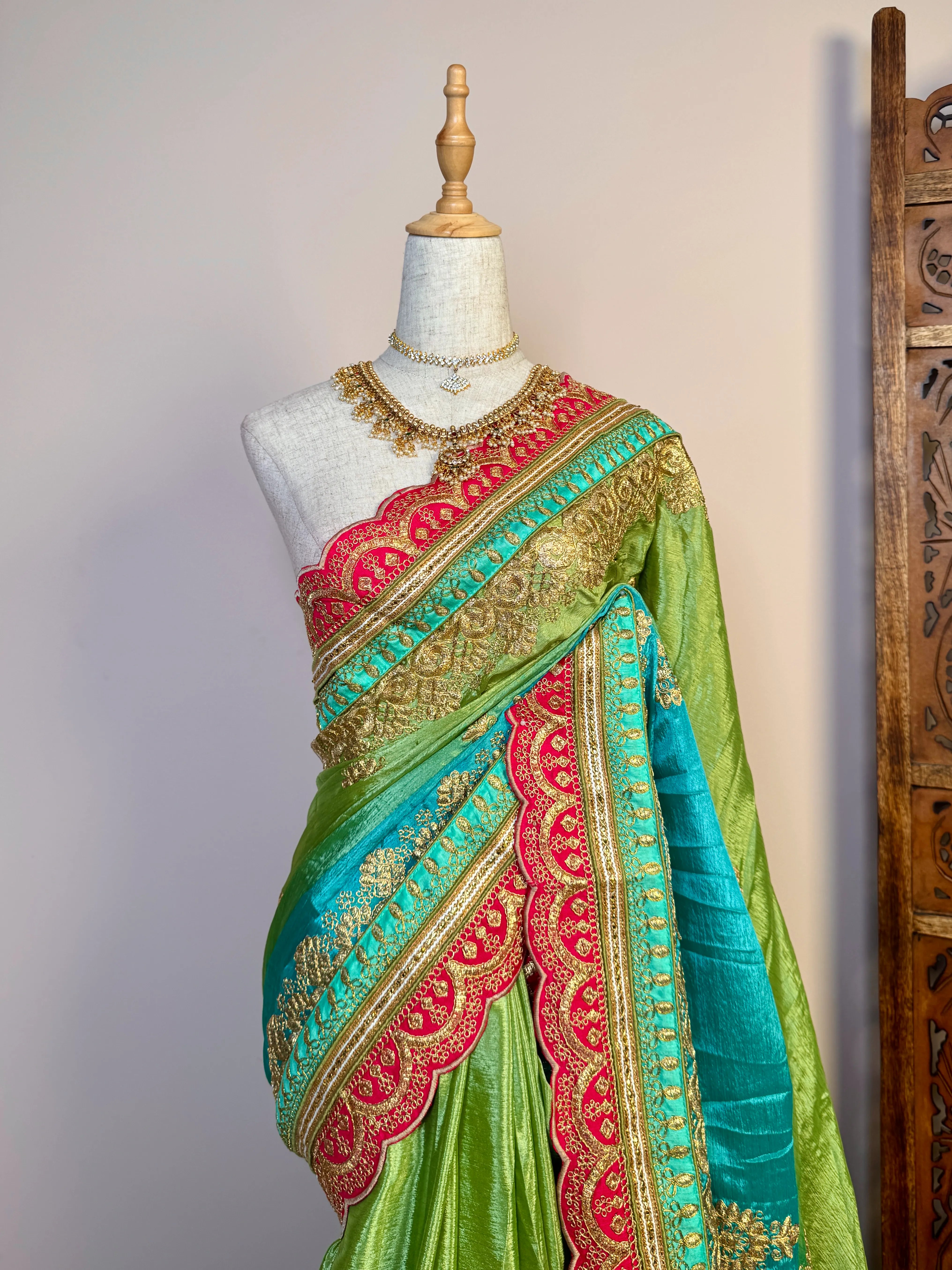 Turquoise-Green Soft-Silk Grand Heavy-Embroidered-Border North-Saree