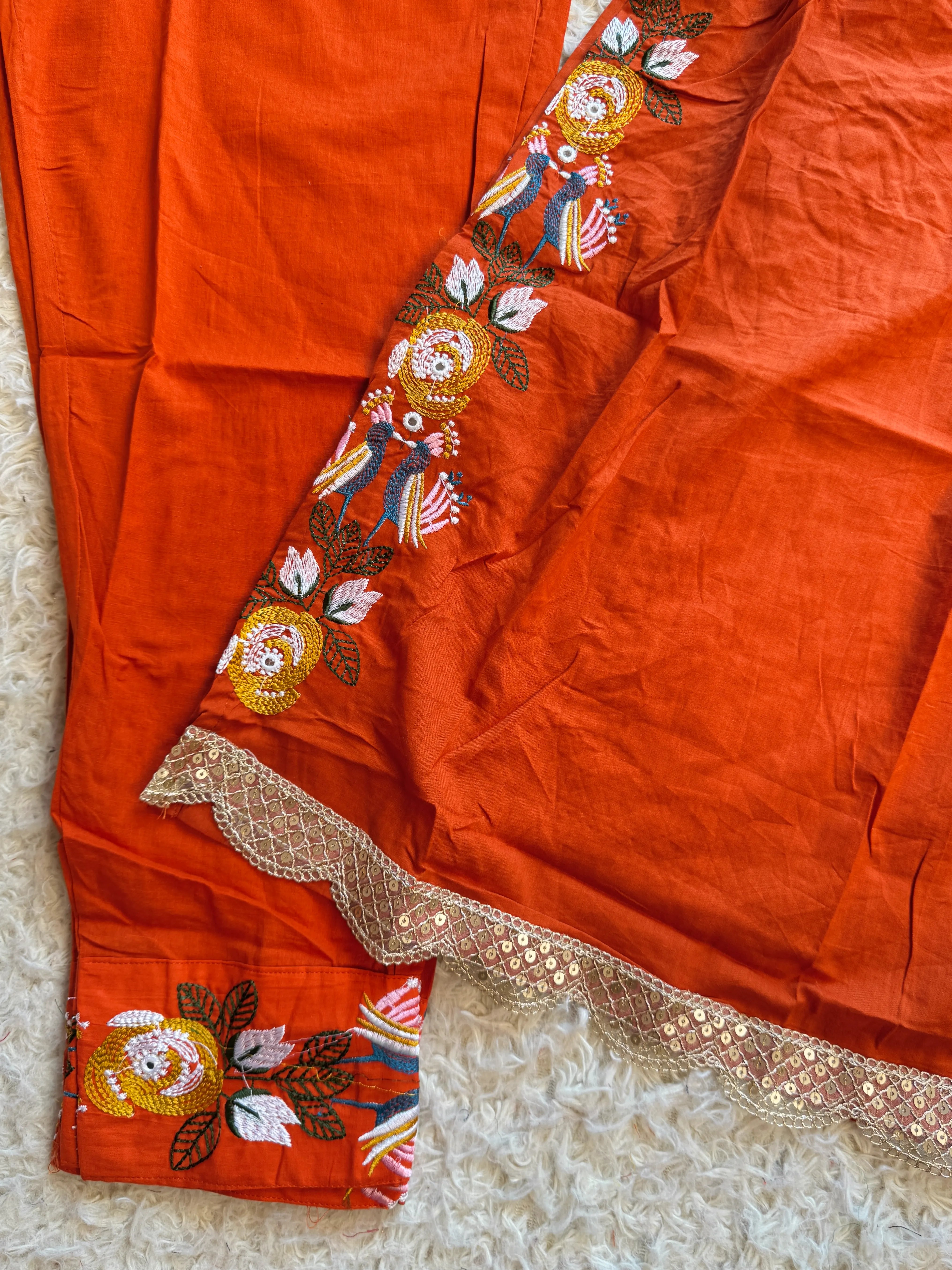 Orange Pure-Cotton Strappy-Casual Embroidered Kurti-Pant-Dupatta-Set