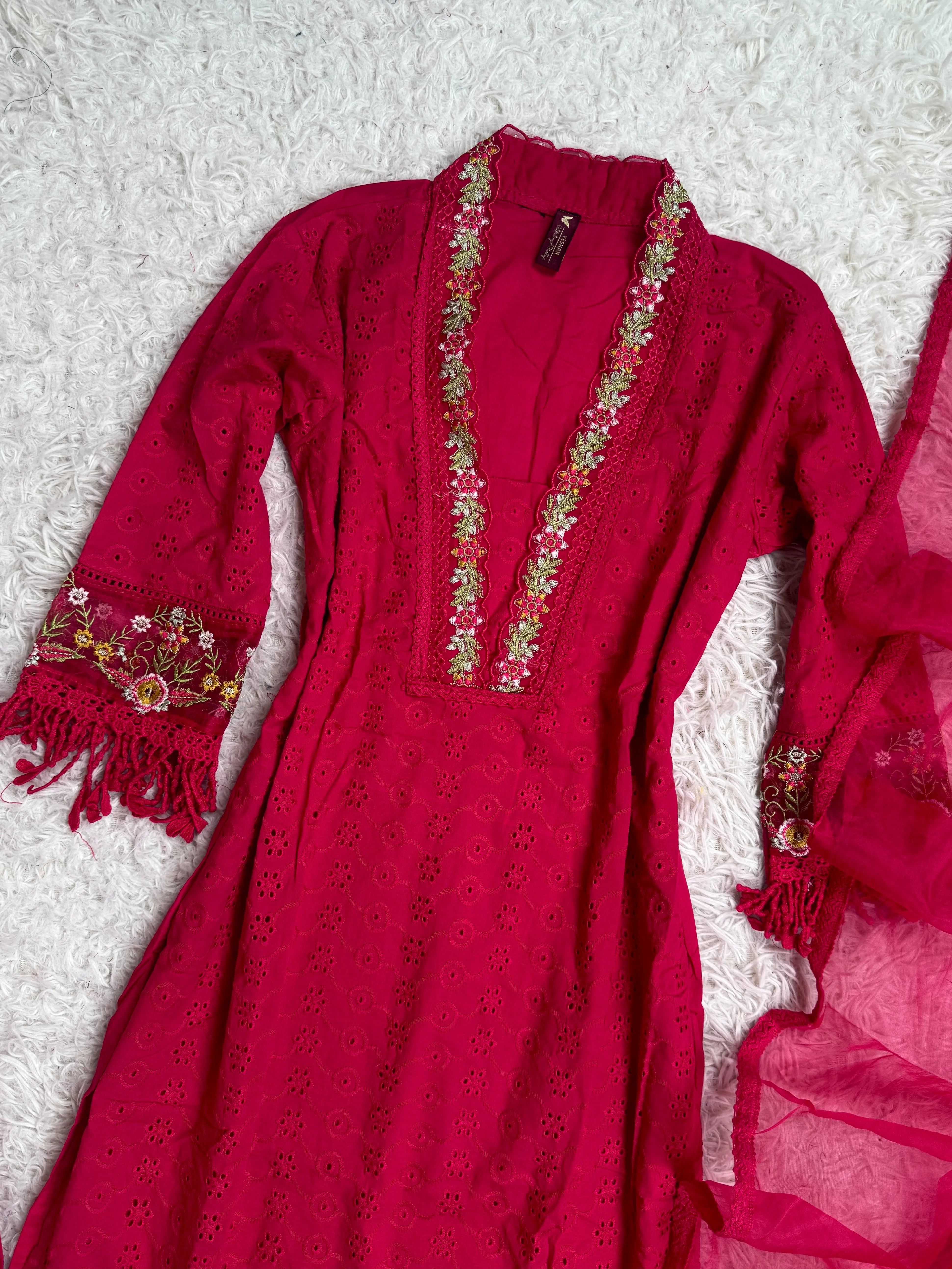 Rani-Pink Crochet-Luxurious-Embroidered Dupatta-Kurti-Pant-Set