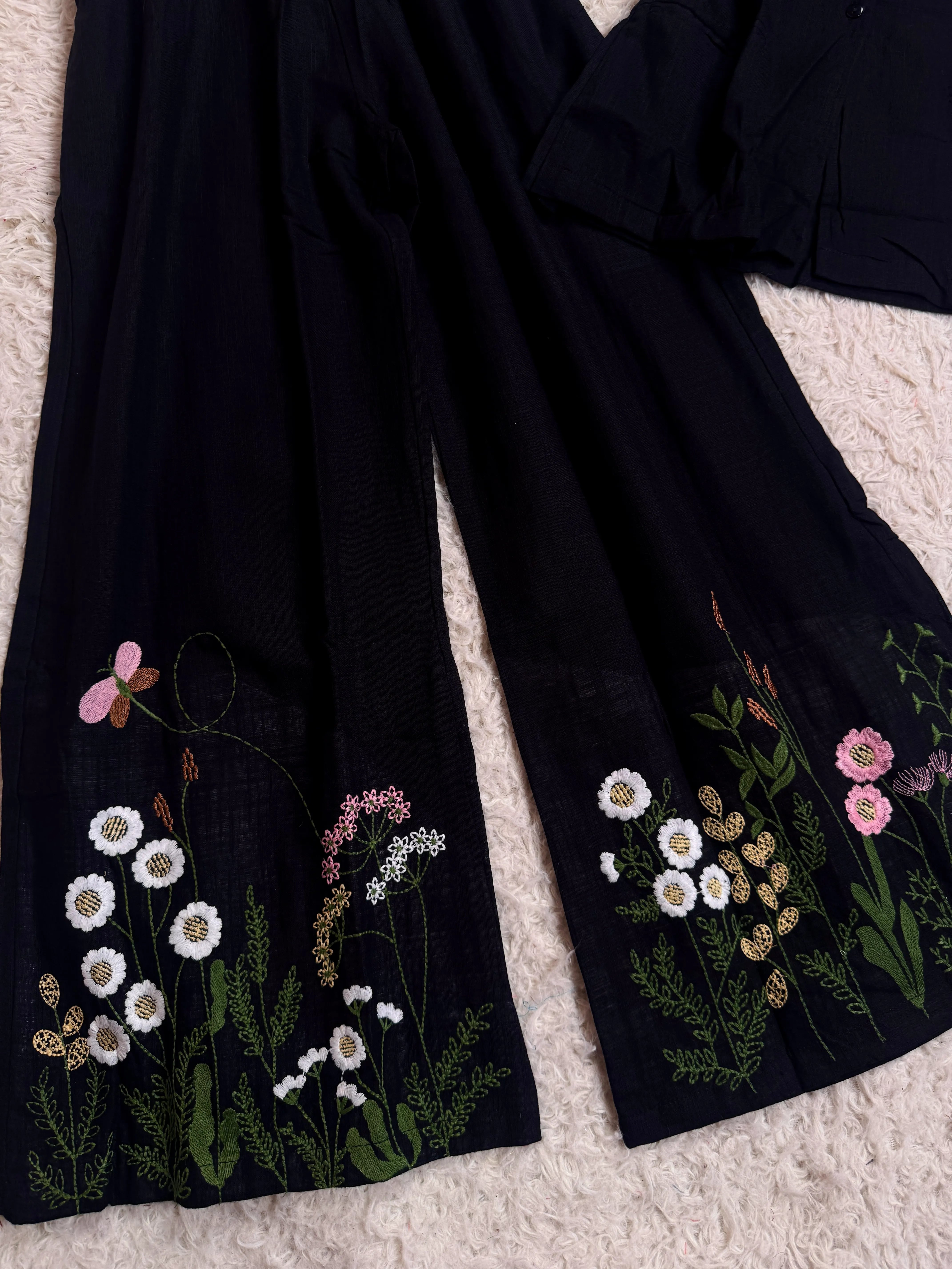 Black Handloom-Linen Embroidered Vest With Pockets-Set