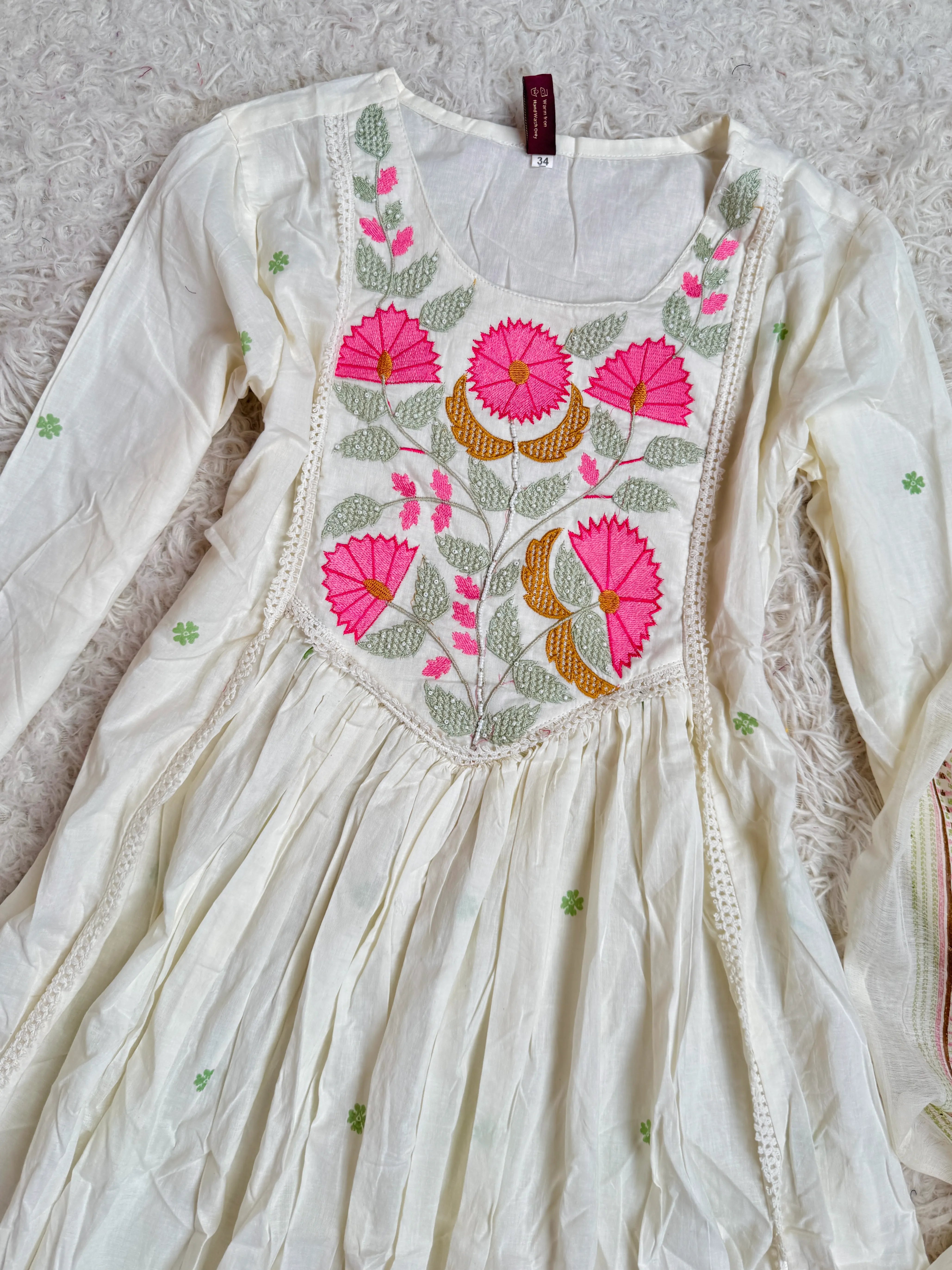 Off-White Embroidered Super-Flare Anarkali-Kurti-Dupatta-Set