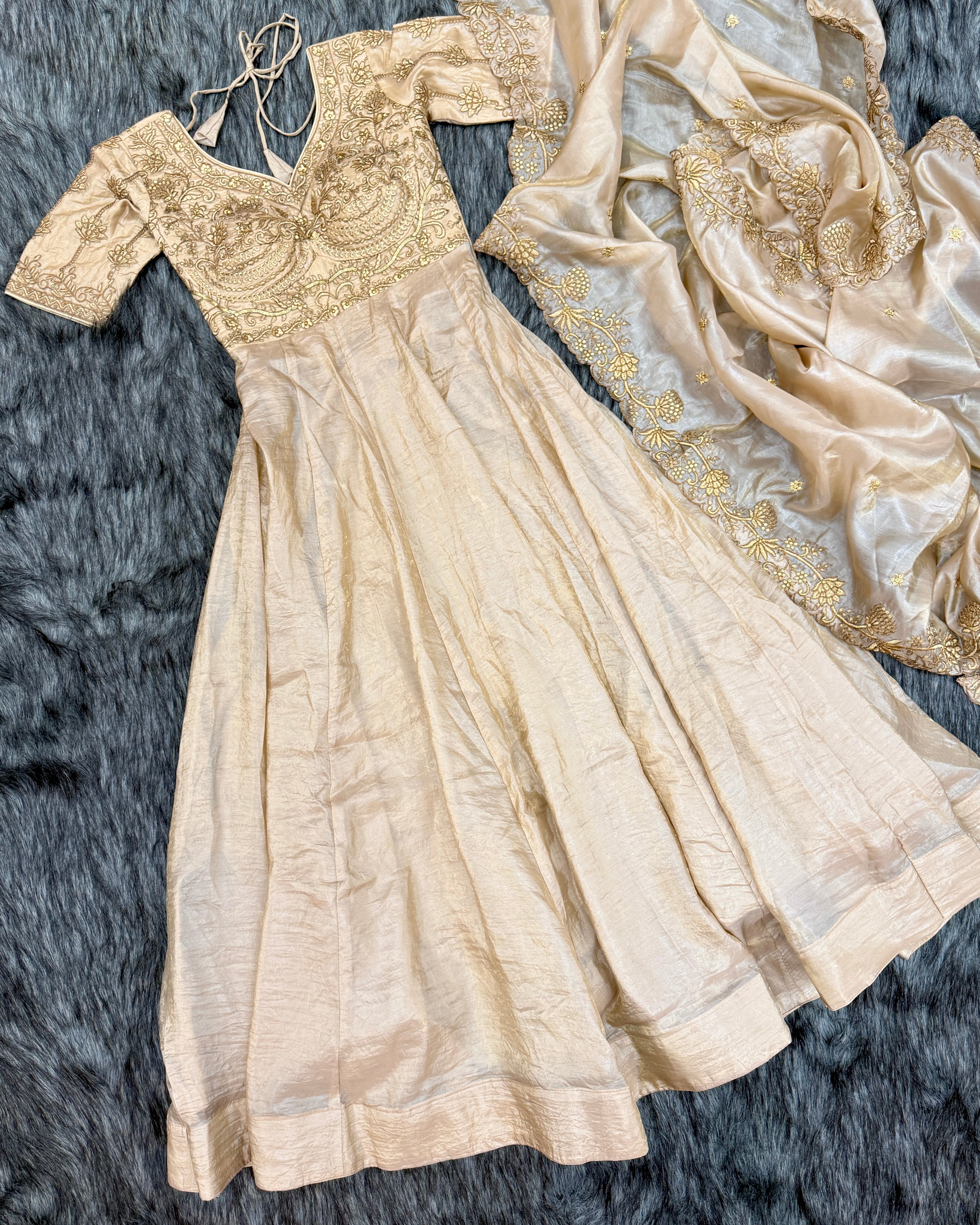 Champagne-Gold Tissue-Silk Zari-Embroidery Gown-Anarkali, & Dupatta Set.