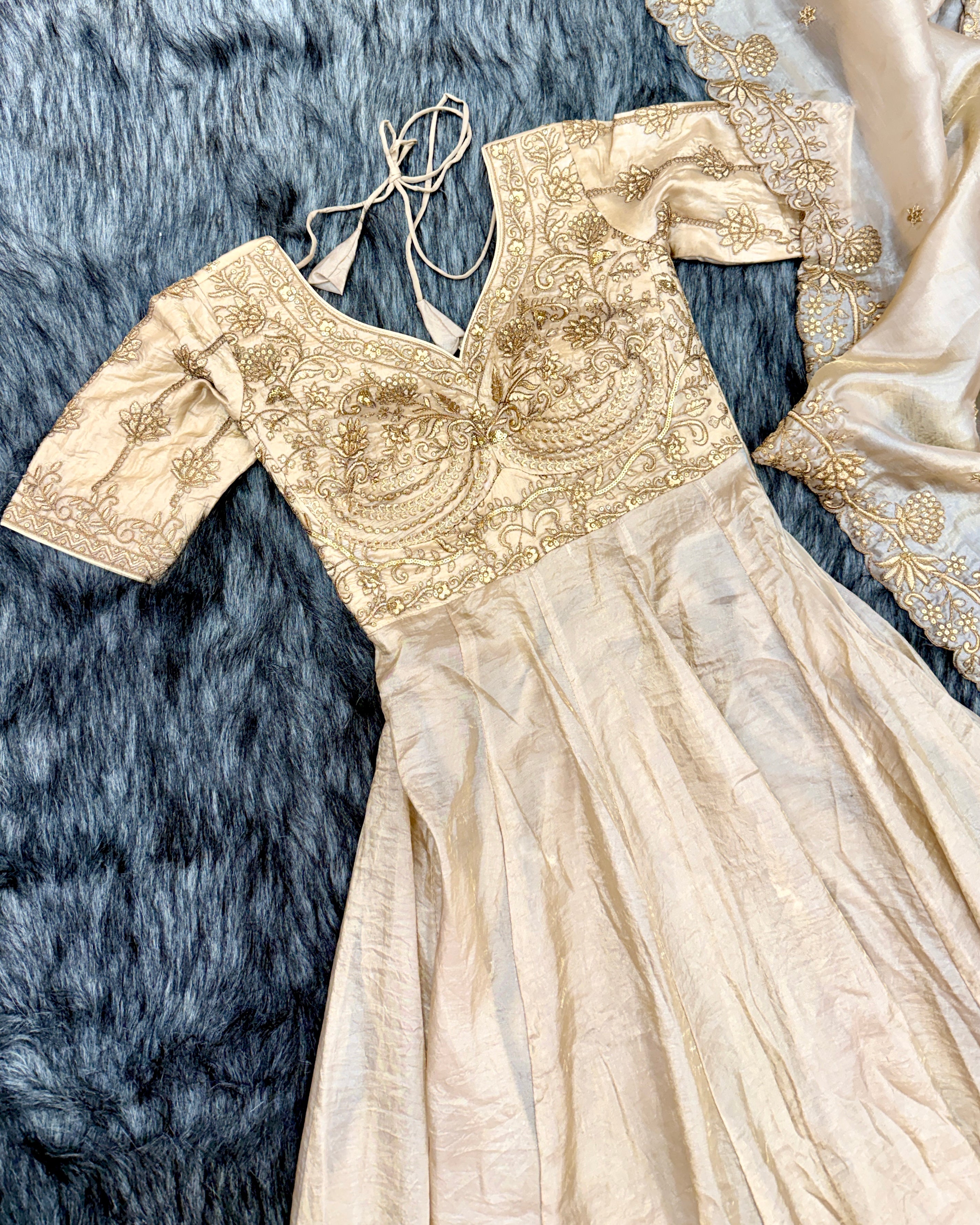 Champagne-Gold Tissue-Silk Zari-Embroidery Gown-Anarkali, & Dupatta Set.