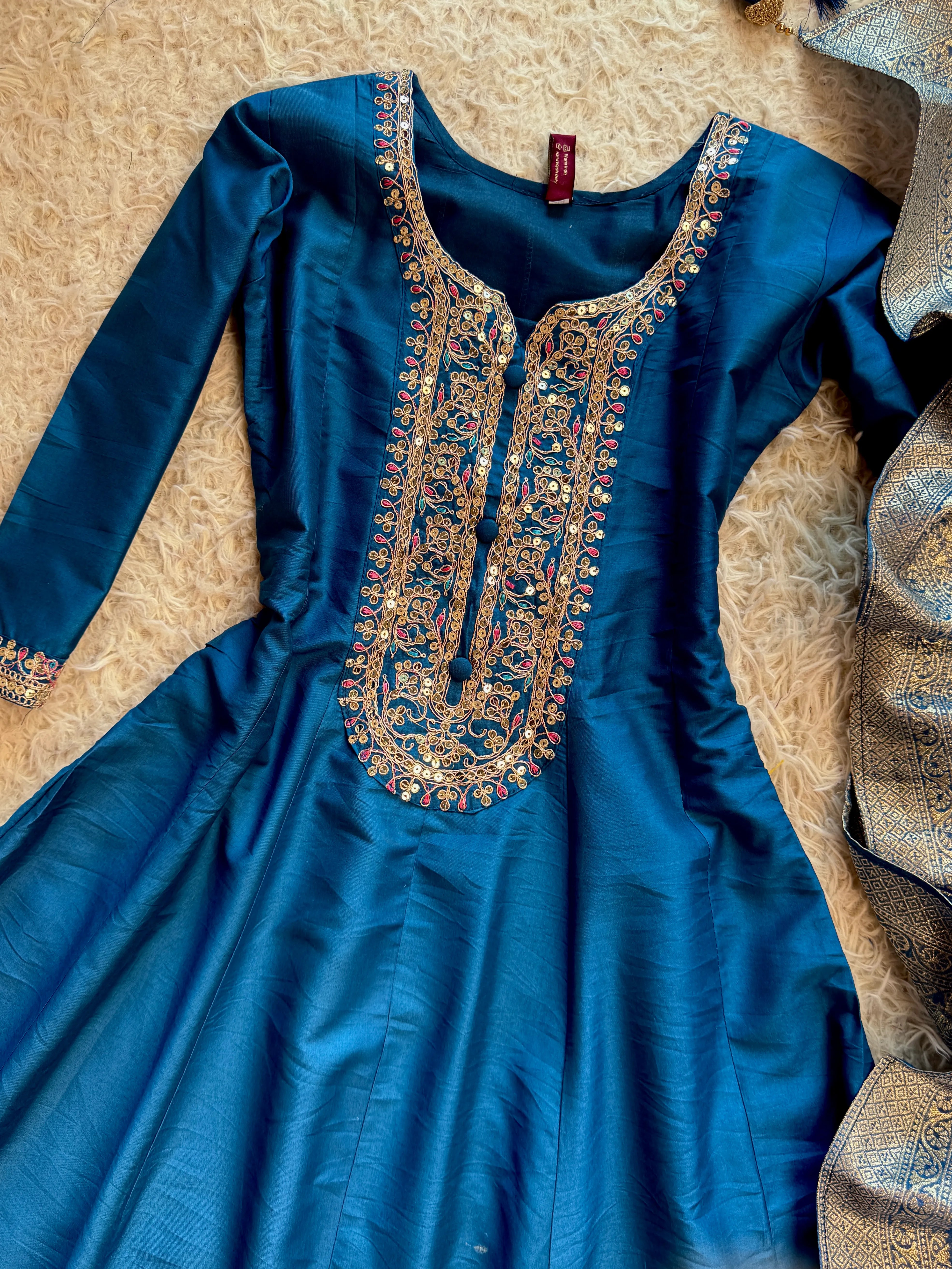 Teal-Blue Crepe-Silk Heavy-Embroidered Flare Anarkali-Kurti-Dupatta-Set