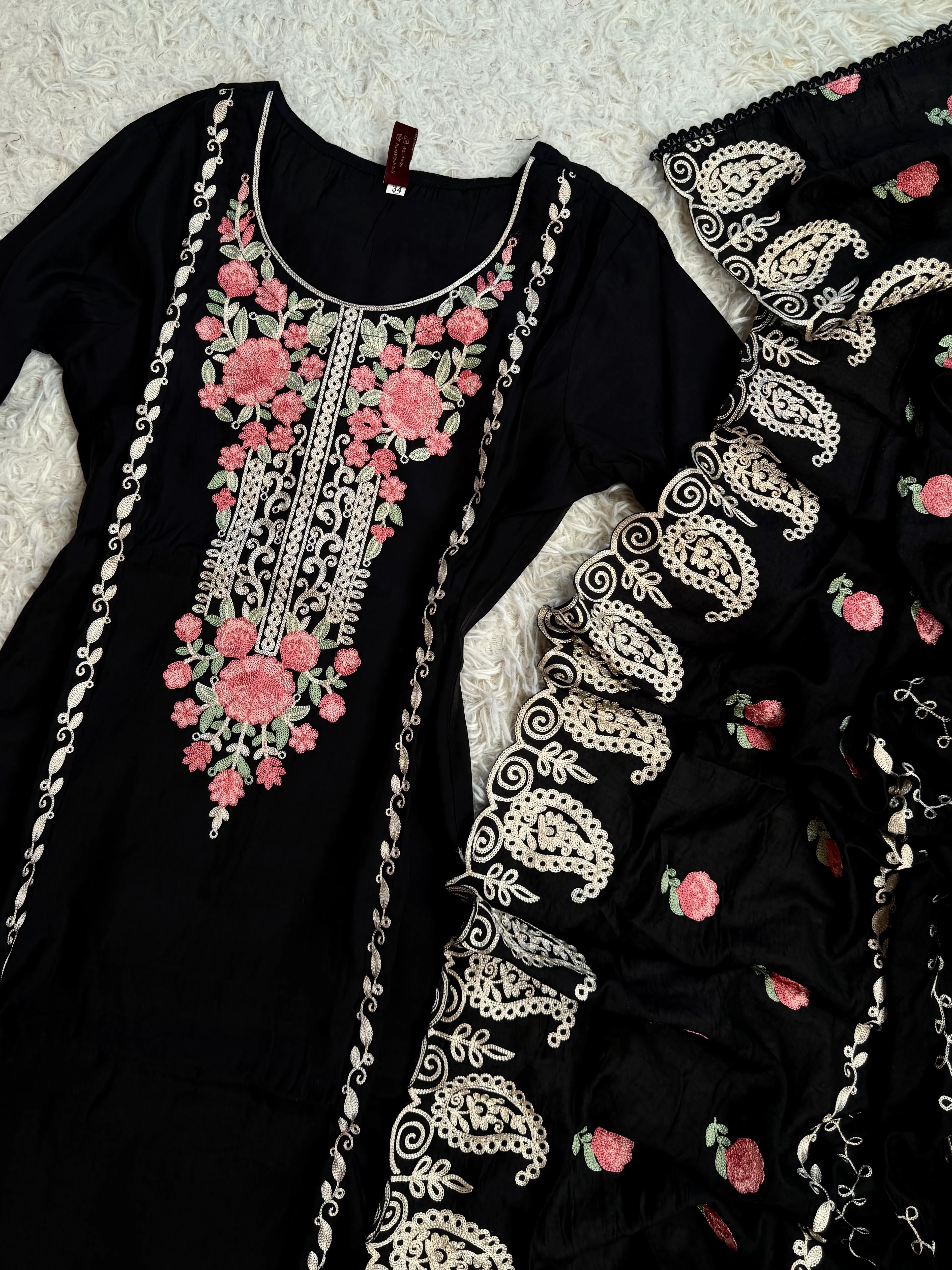 Black Crepe-Silk Floral-Embroidered Cotton-Dupatta-Kurti-Set