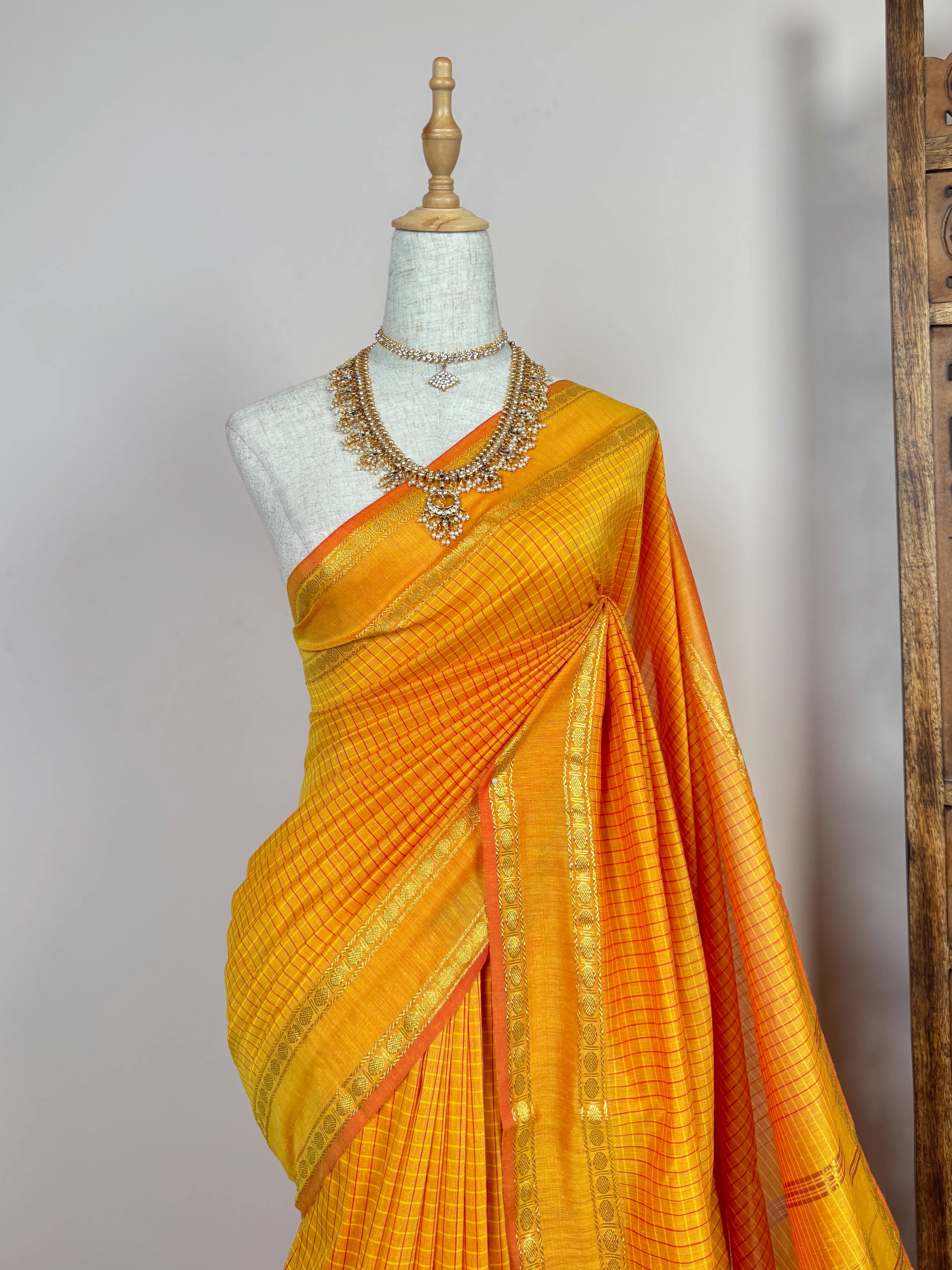 Mustard-Yellow Handspun Pure-Cotton kattam South-Saree
