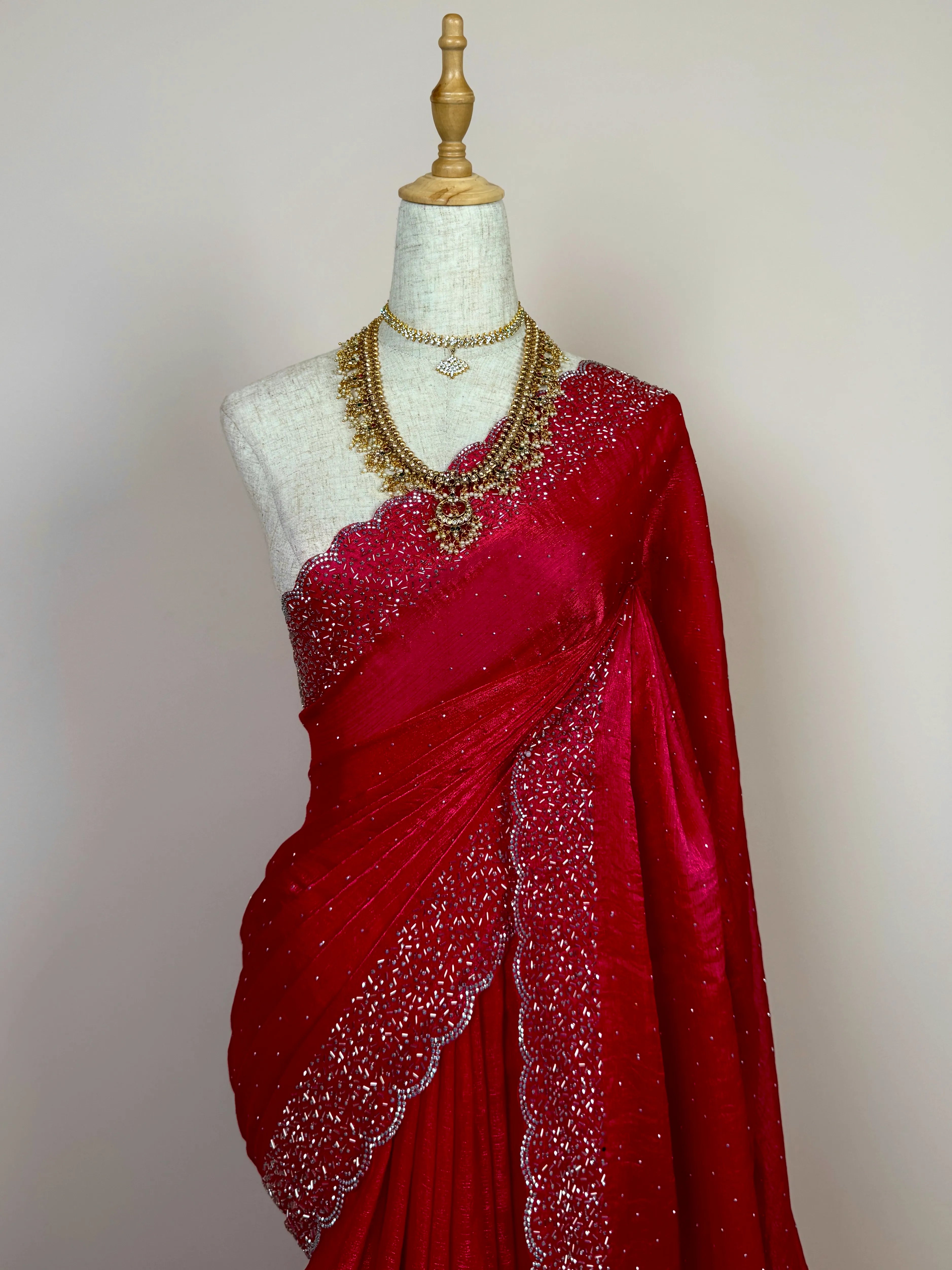 Cherry-Pink Silken-Tissue Stonework-Border North-Saree