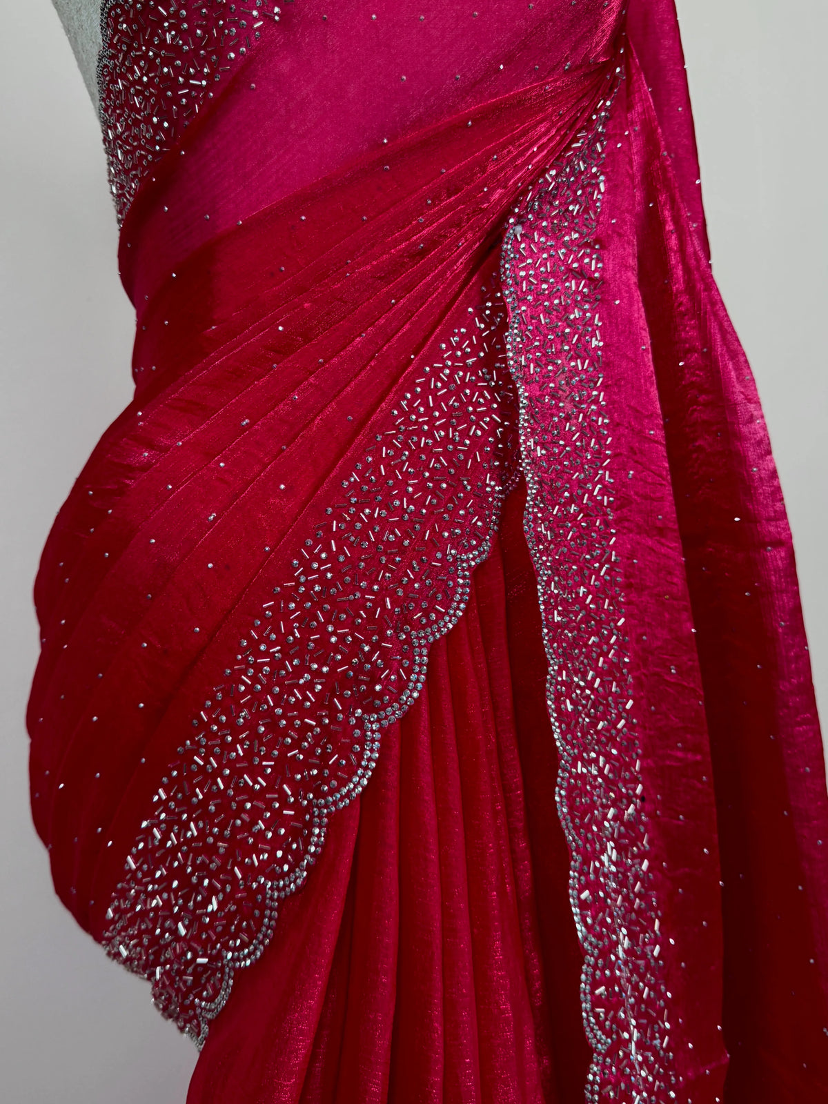 Cherry Pink Tissue Stonework North Saree - view 3
