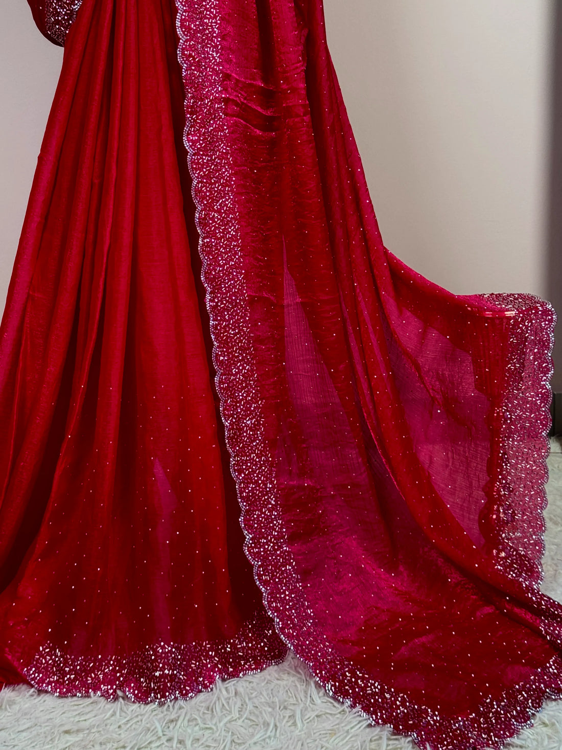 Cherry Pink Tissue Stonework North Saree - view 4