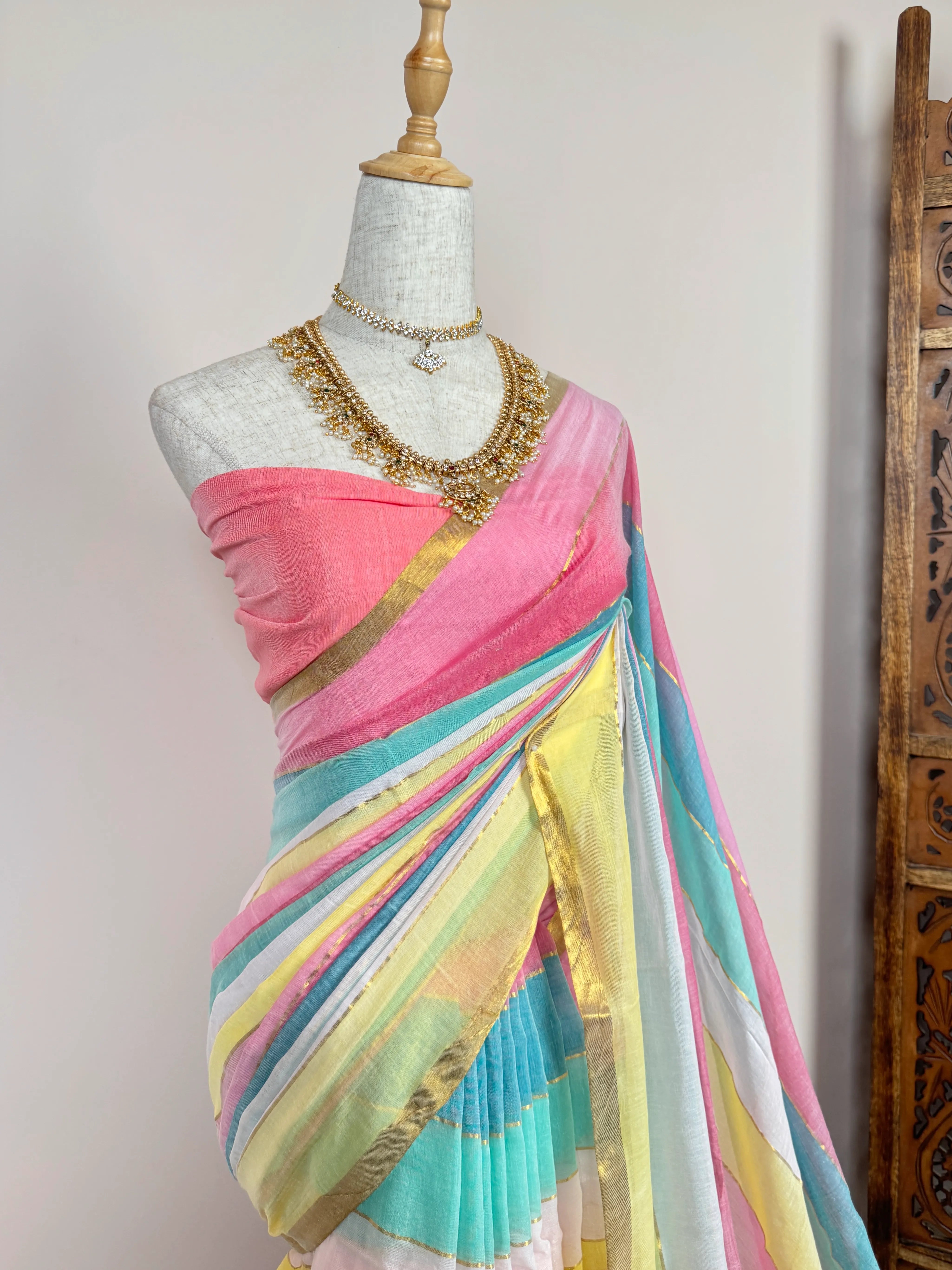 Pastel-Rainbow Handspun Pure-Cotton Zari-Border Bengal-Saree