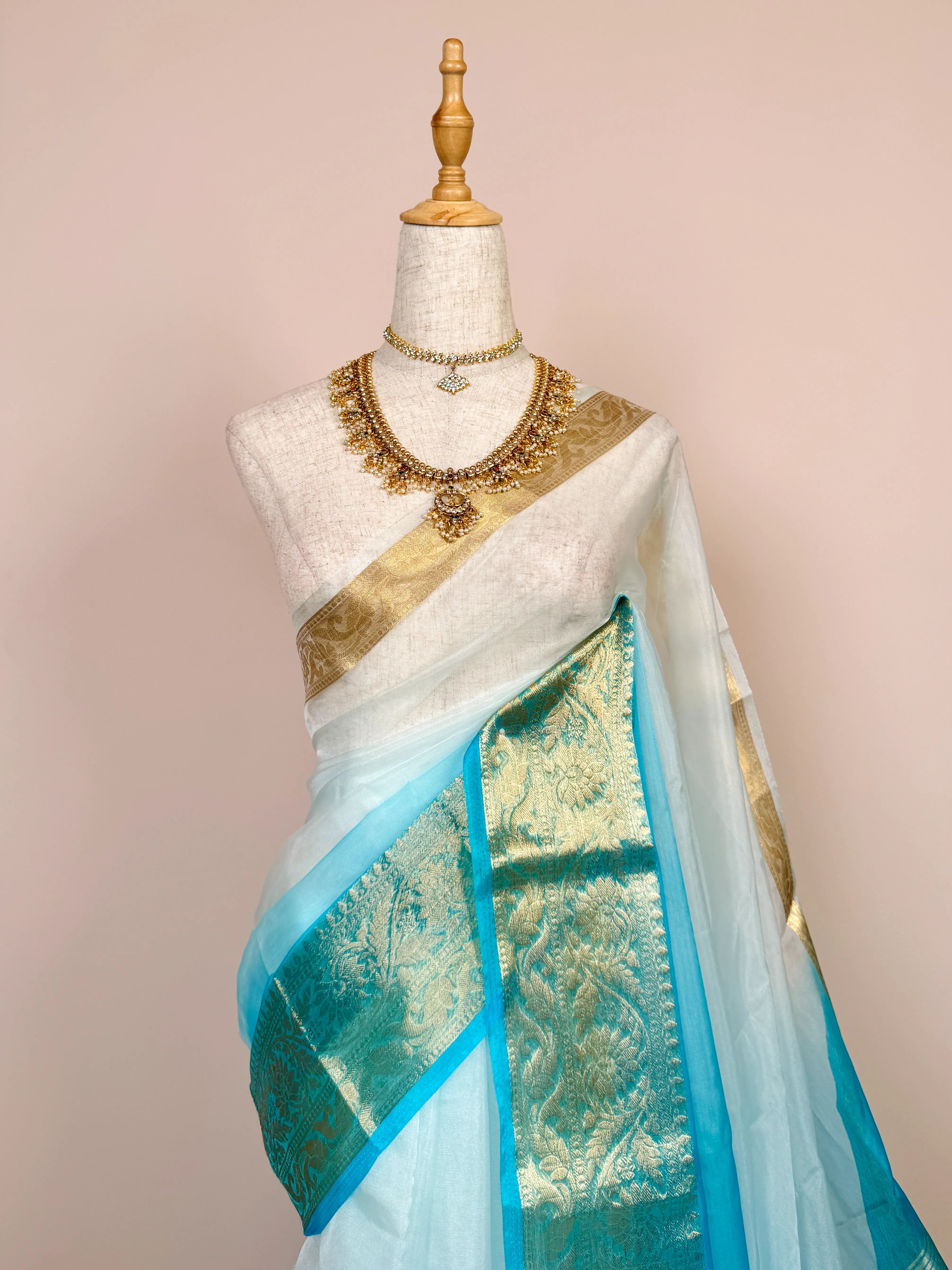 White-Sky blue Silken-Organza Woven-Border Hand-Dyed North-Saree