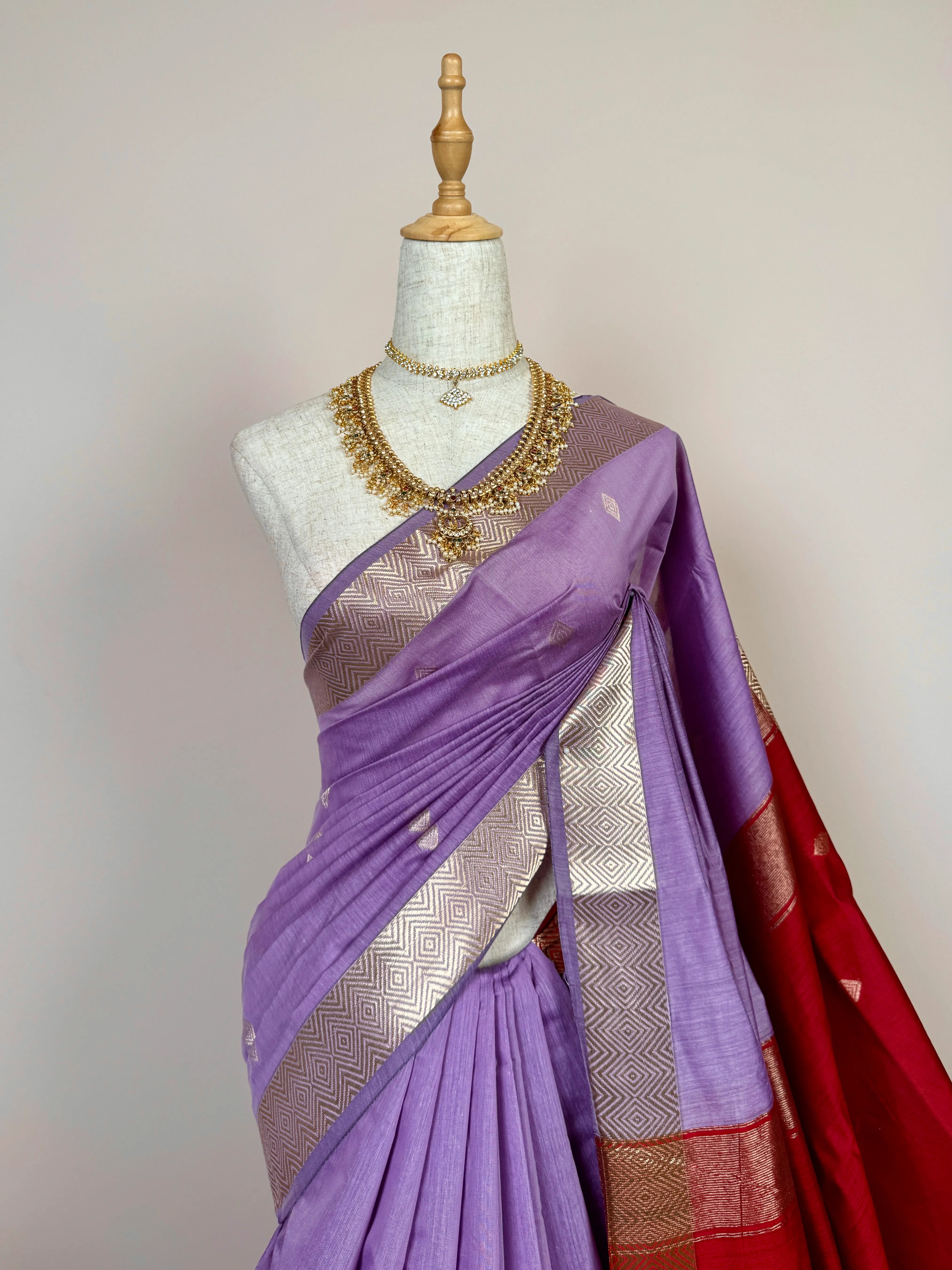 Lavender-Maroon Silk-Cotton Woven-Border South-Saree
