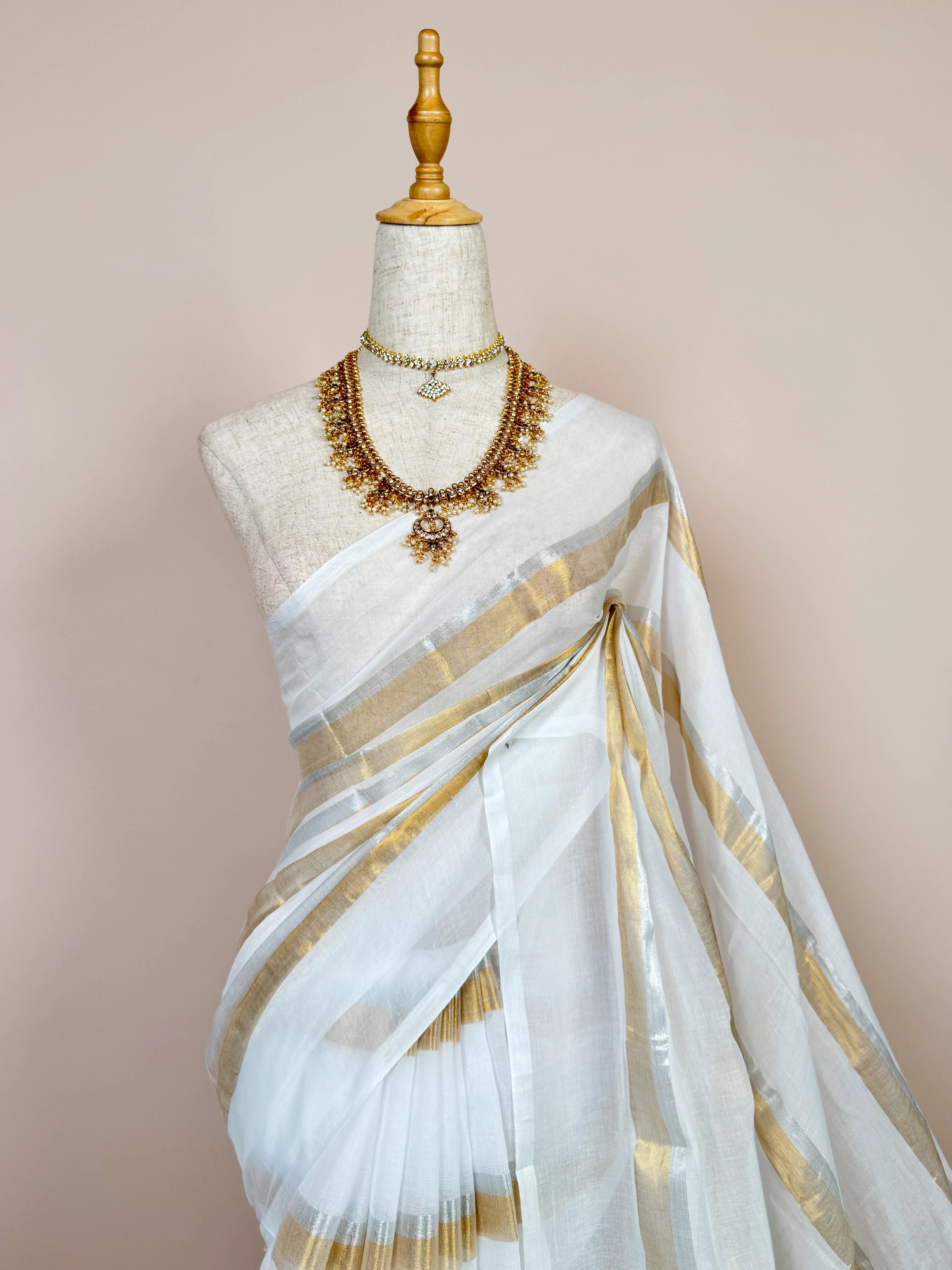 White Handspun Pure-Cotton Double Zari-Woven Bengal-Saree