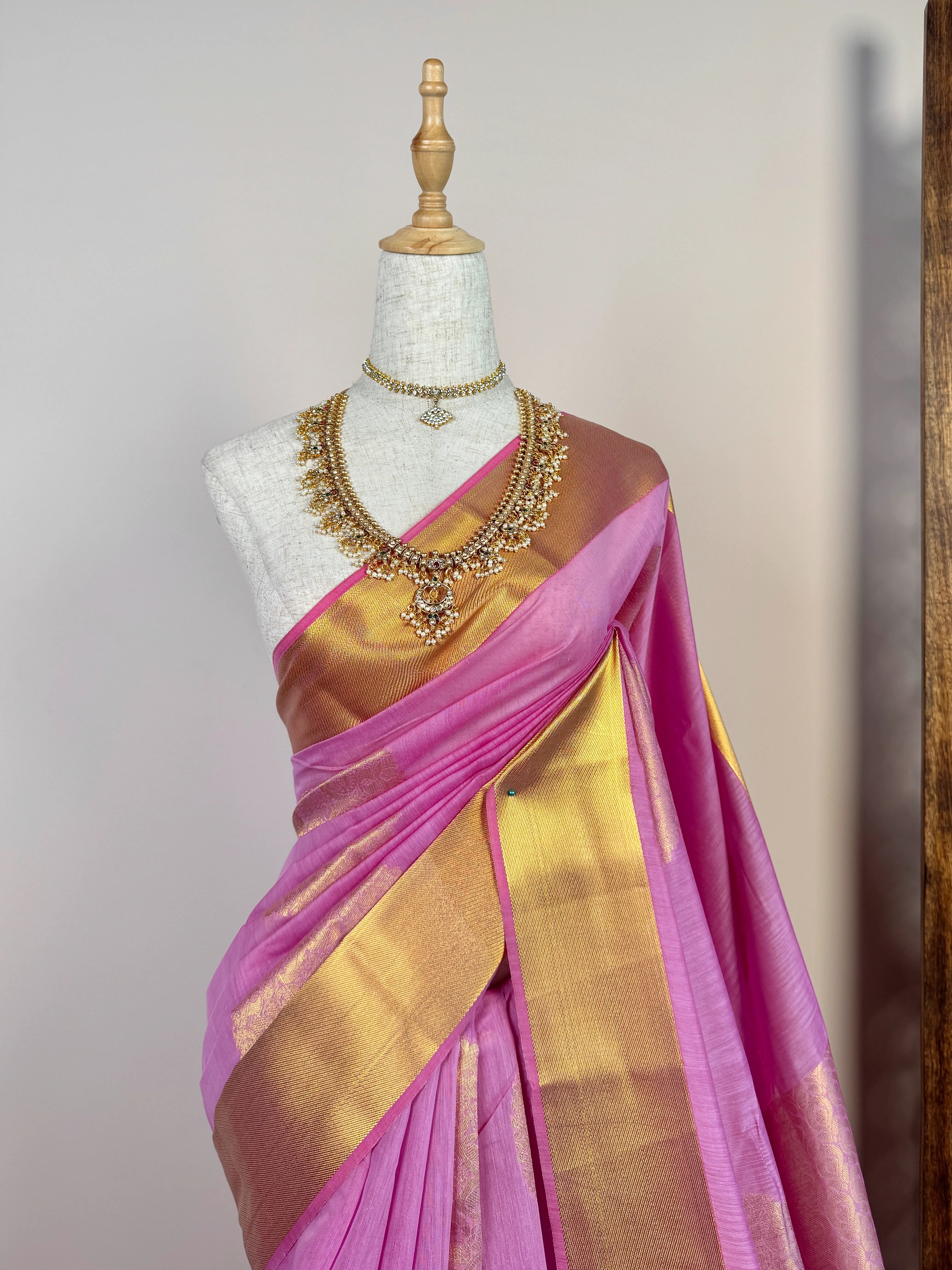 Rose-Pink Silk-Cotton Woven-Mandala-Butta South-Saree