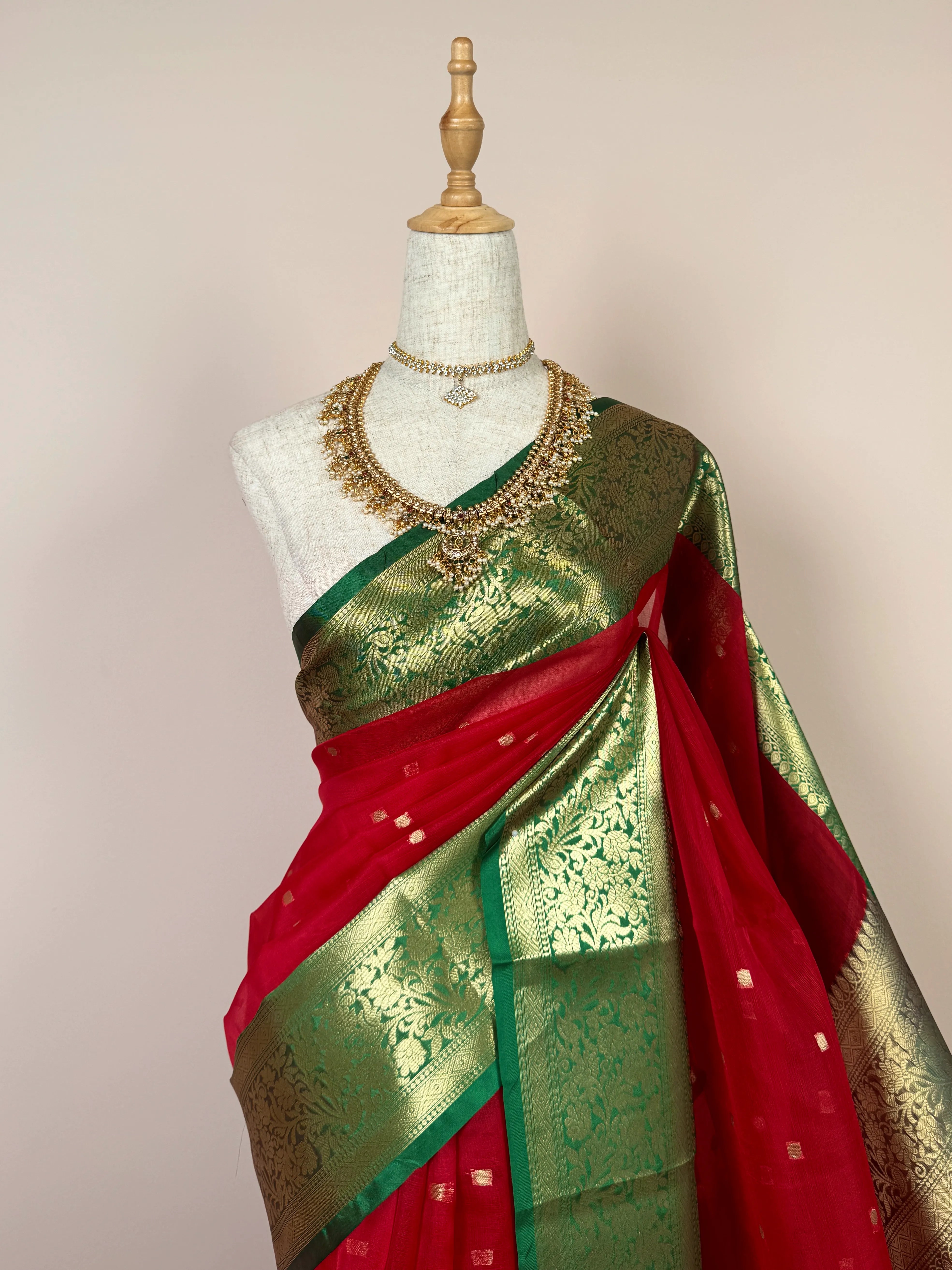 Blood-Red-Emerald-Green Silken-Organza Grand-Woven Banarasi-Saree