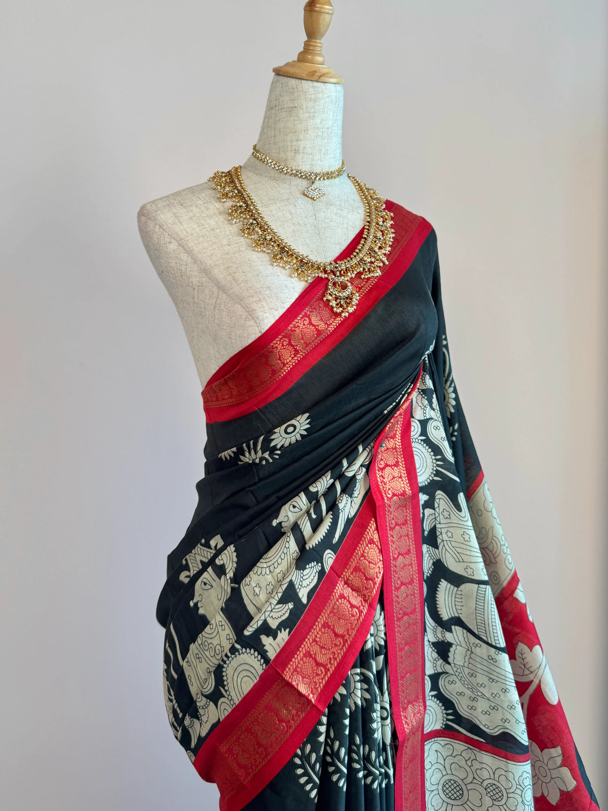 Black Red Cotton Kalamkari North Saree - view 3