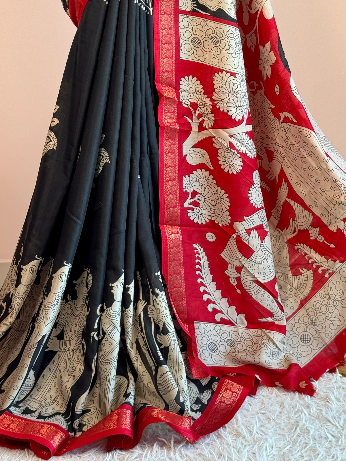Black Red Cotton Kalamkari North Saree - view 4