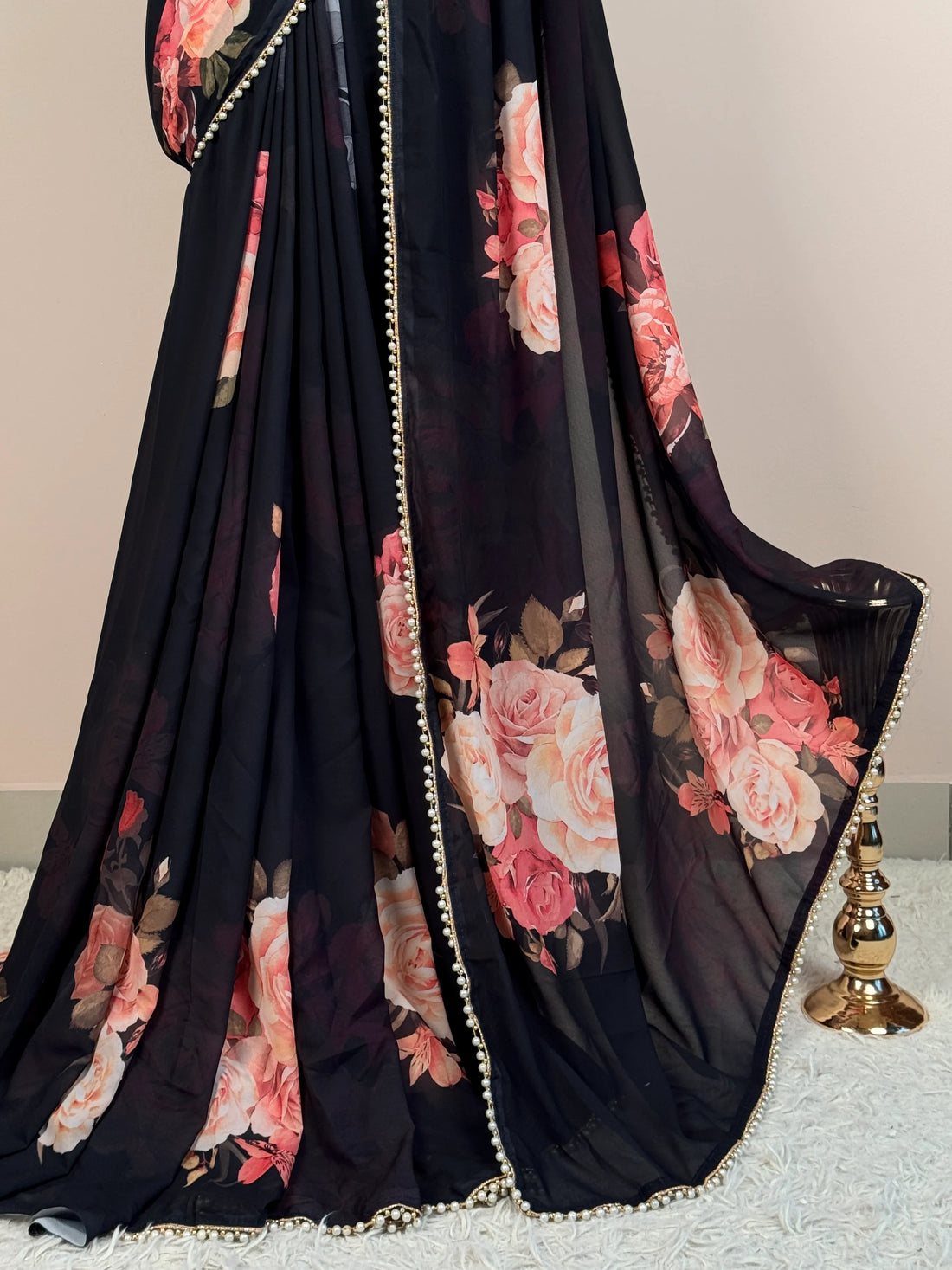 Black Georgette Pearl Border North Saree - view 4