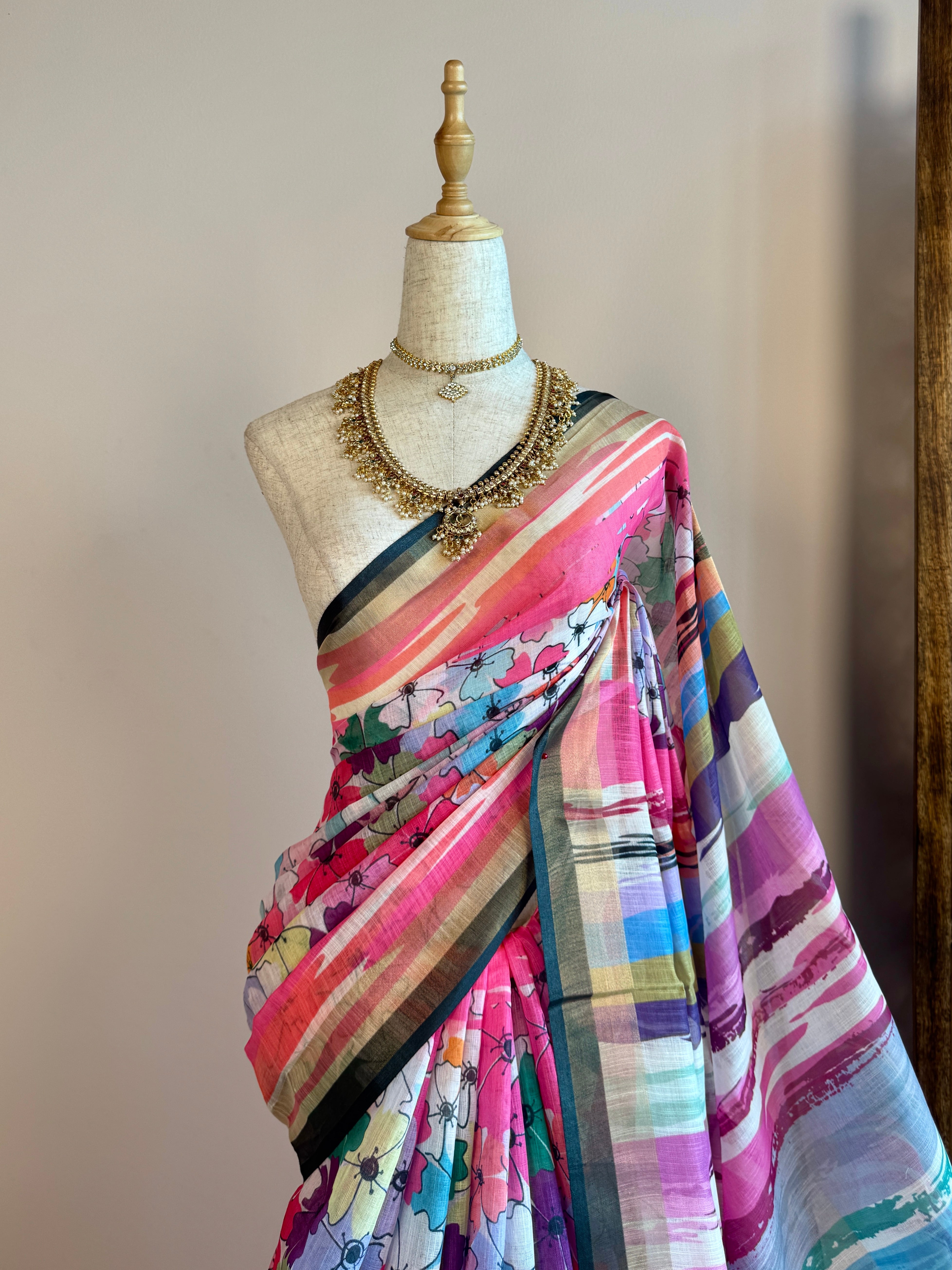 Pink Silk-Cotton Floral-Print North-Saree