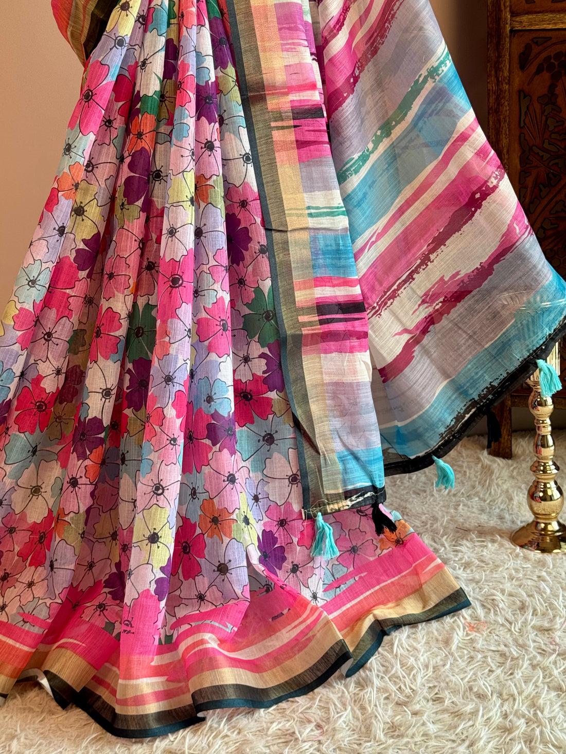 Pink Silk Cotton Floral Print North Saree - view 4