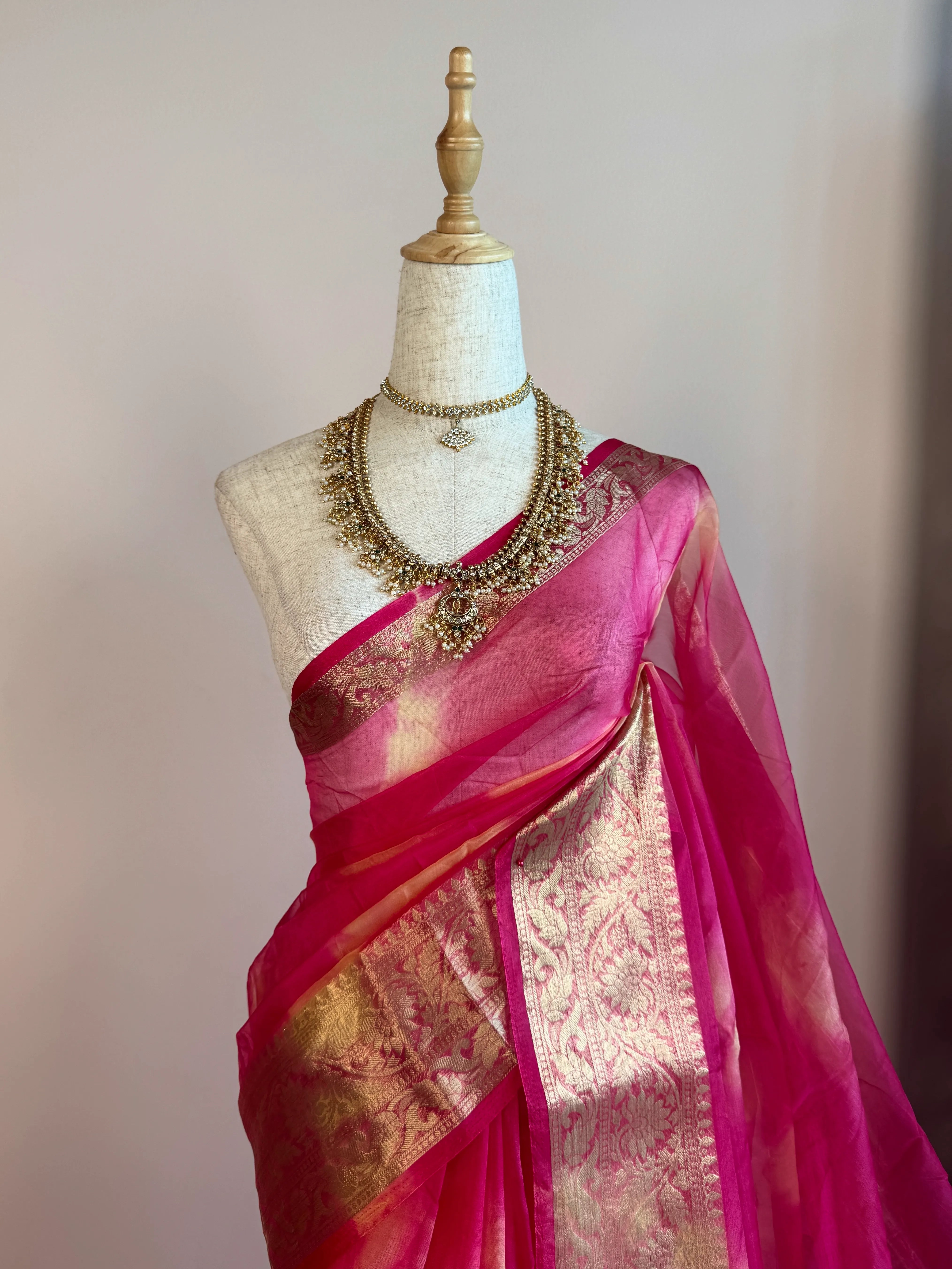 Pink Silken-Organza Woven-Border Hand-Dyed North-Saree
