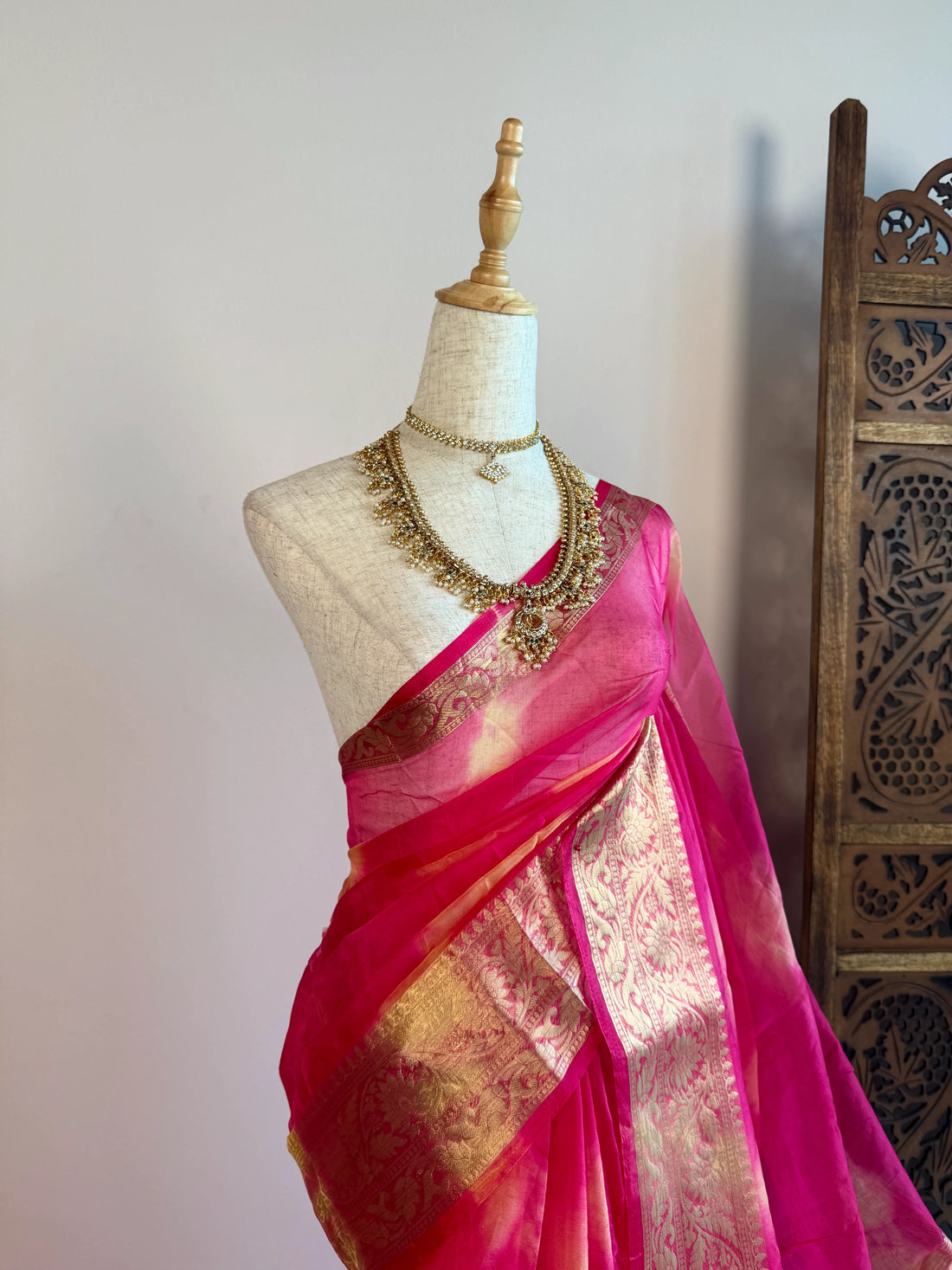 Pink Organza Woven Border North Saree - view 3