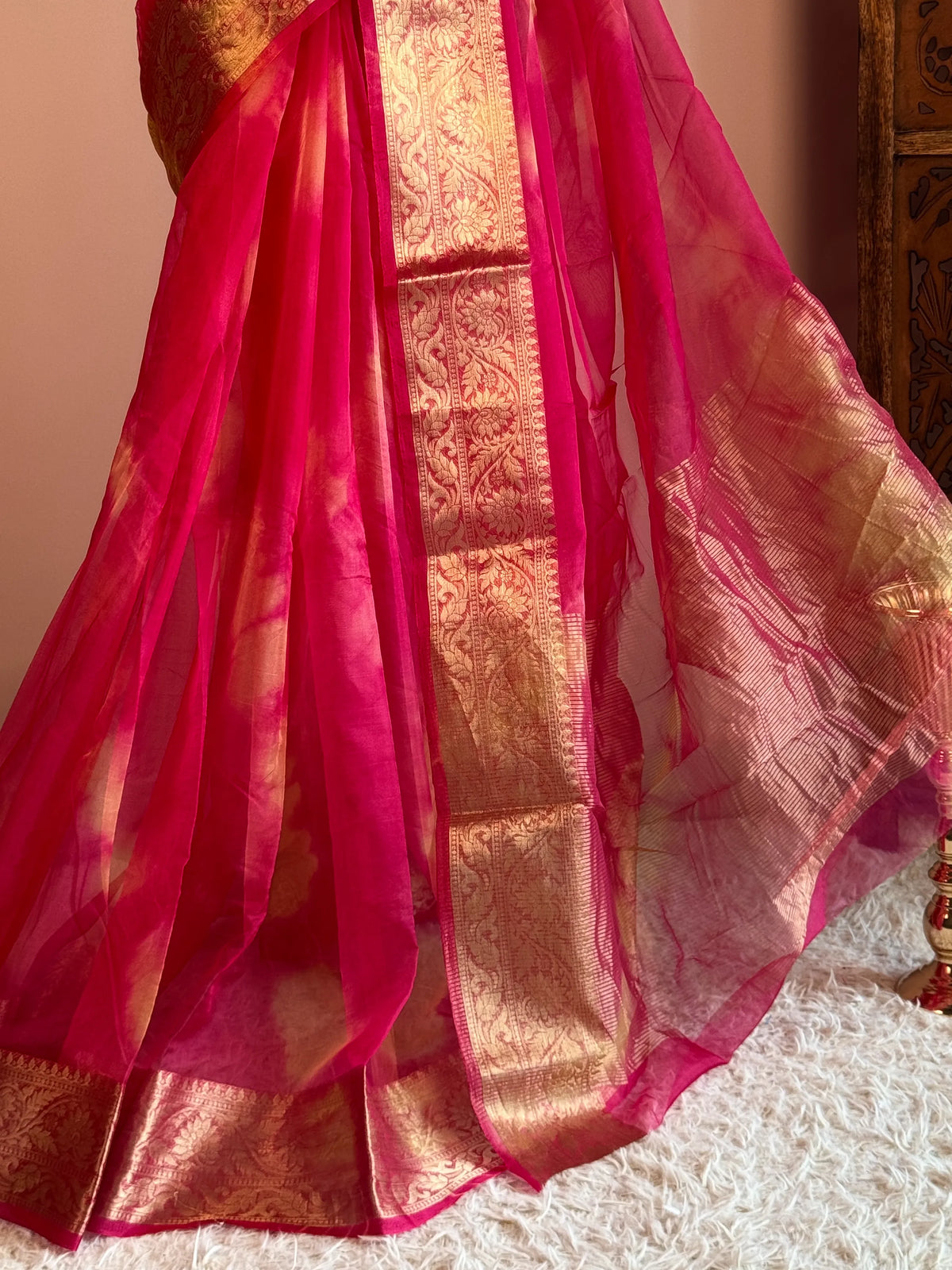 Pink Organza Woven Border North Saree - view 4