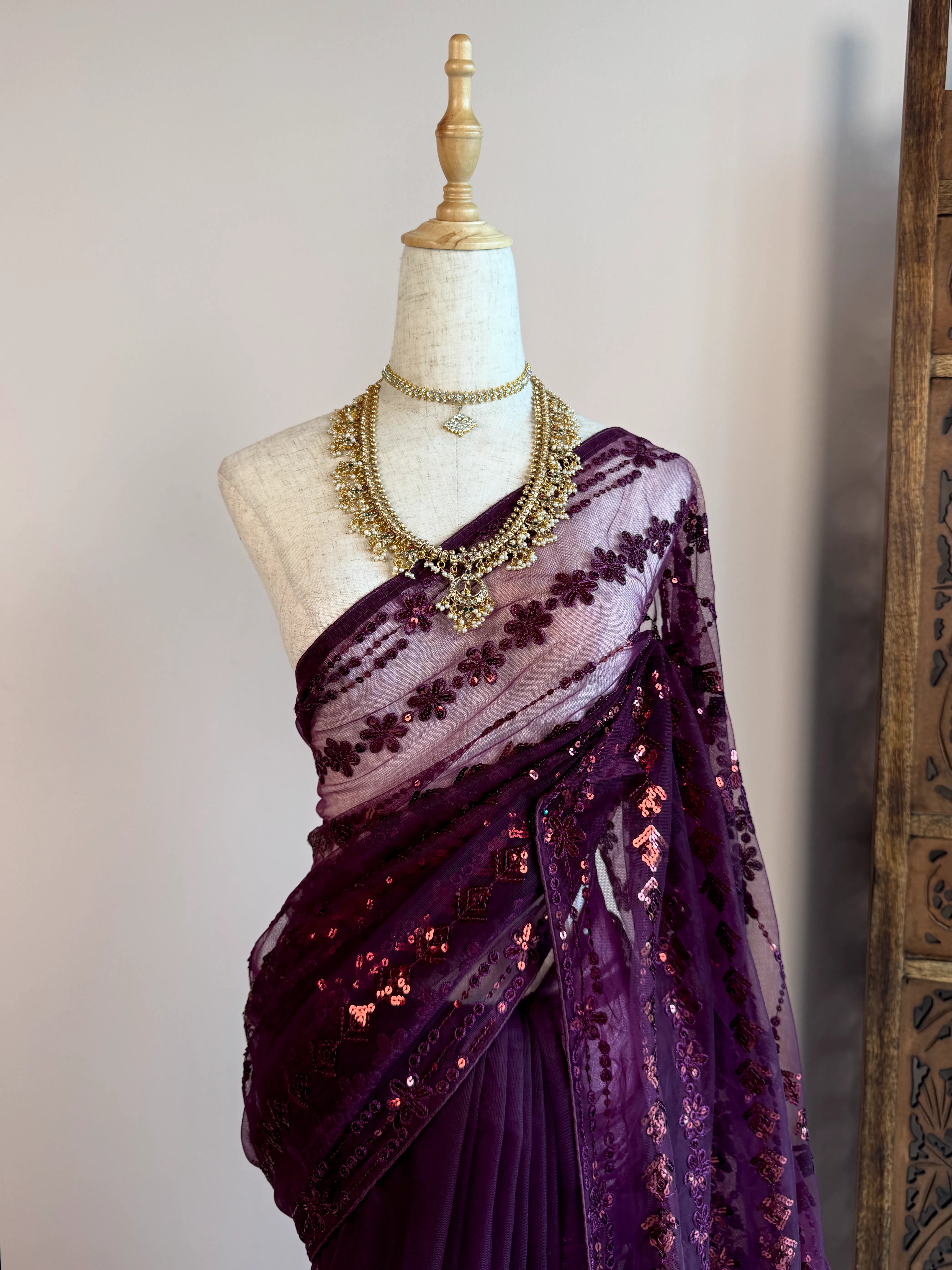 Purple-Wine Sequin-Stitched Net North-Saree