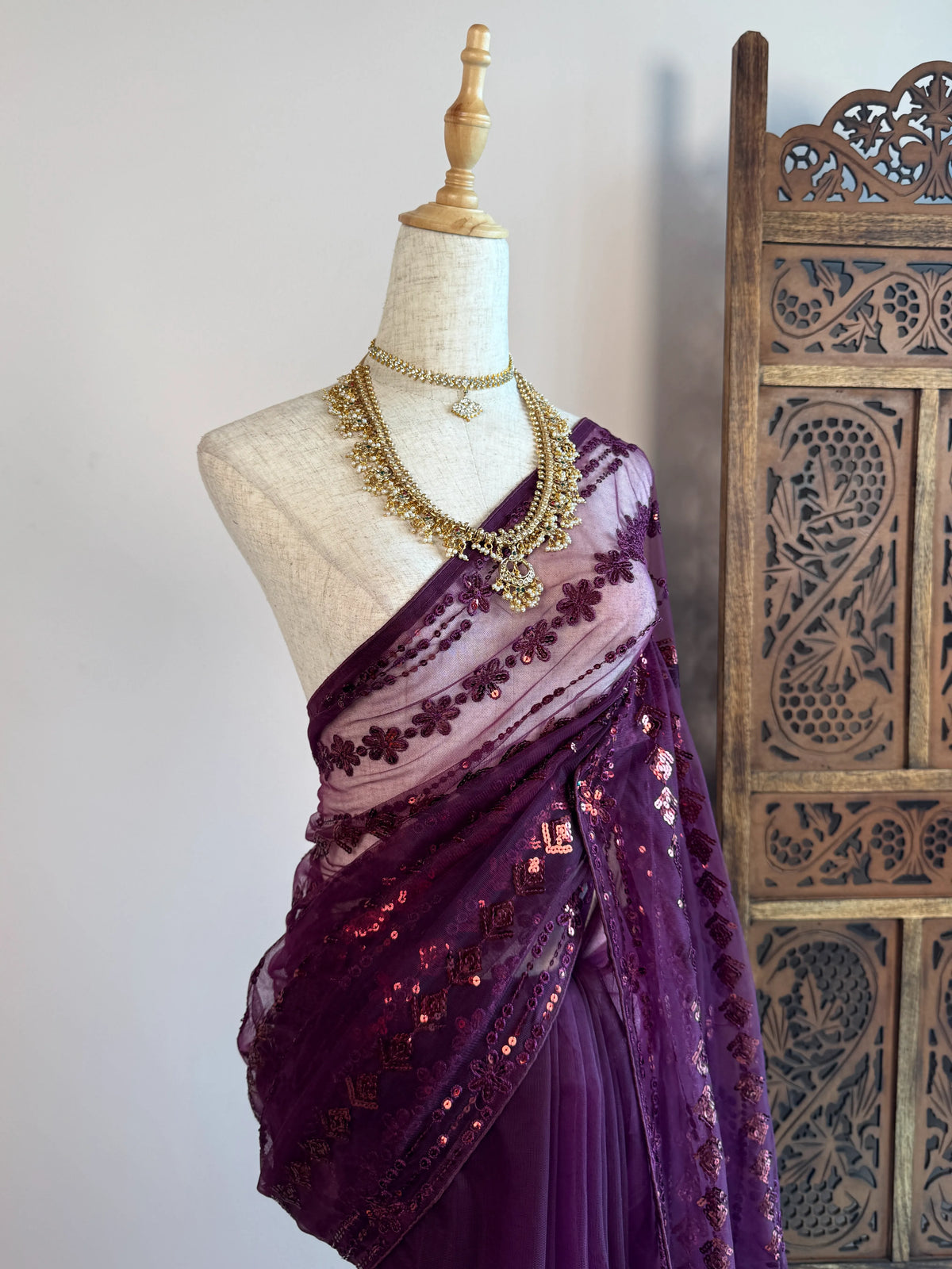 Purple Wine Sequin Net North Saree - view 3