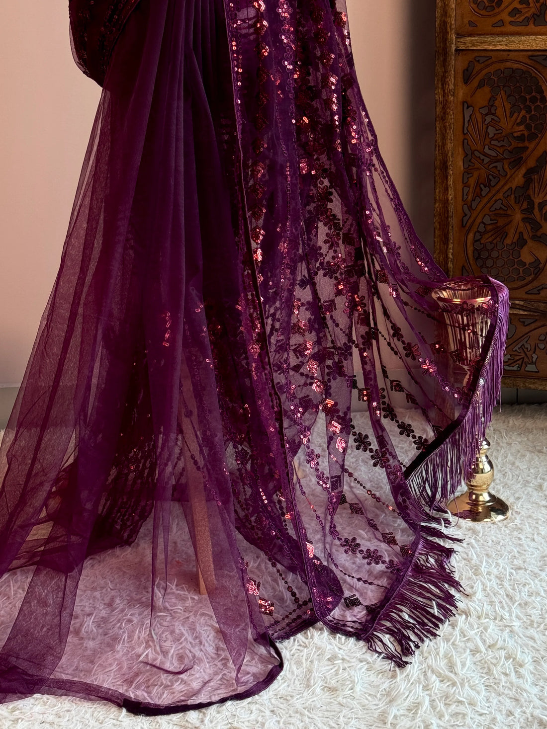 Purple Wine Sequin Net North Saree - view 4