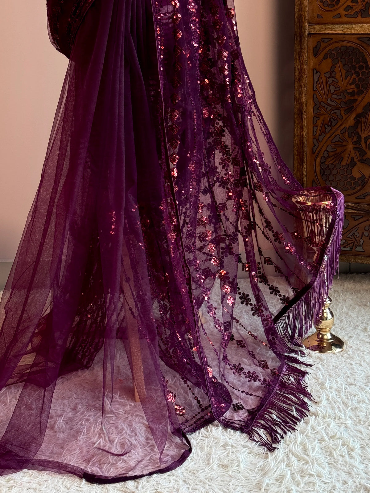 Purple Wine Sequin Net North Saree - view 4