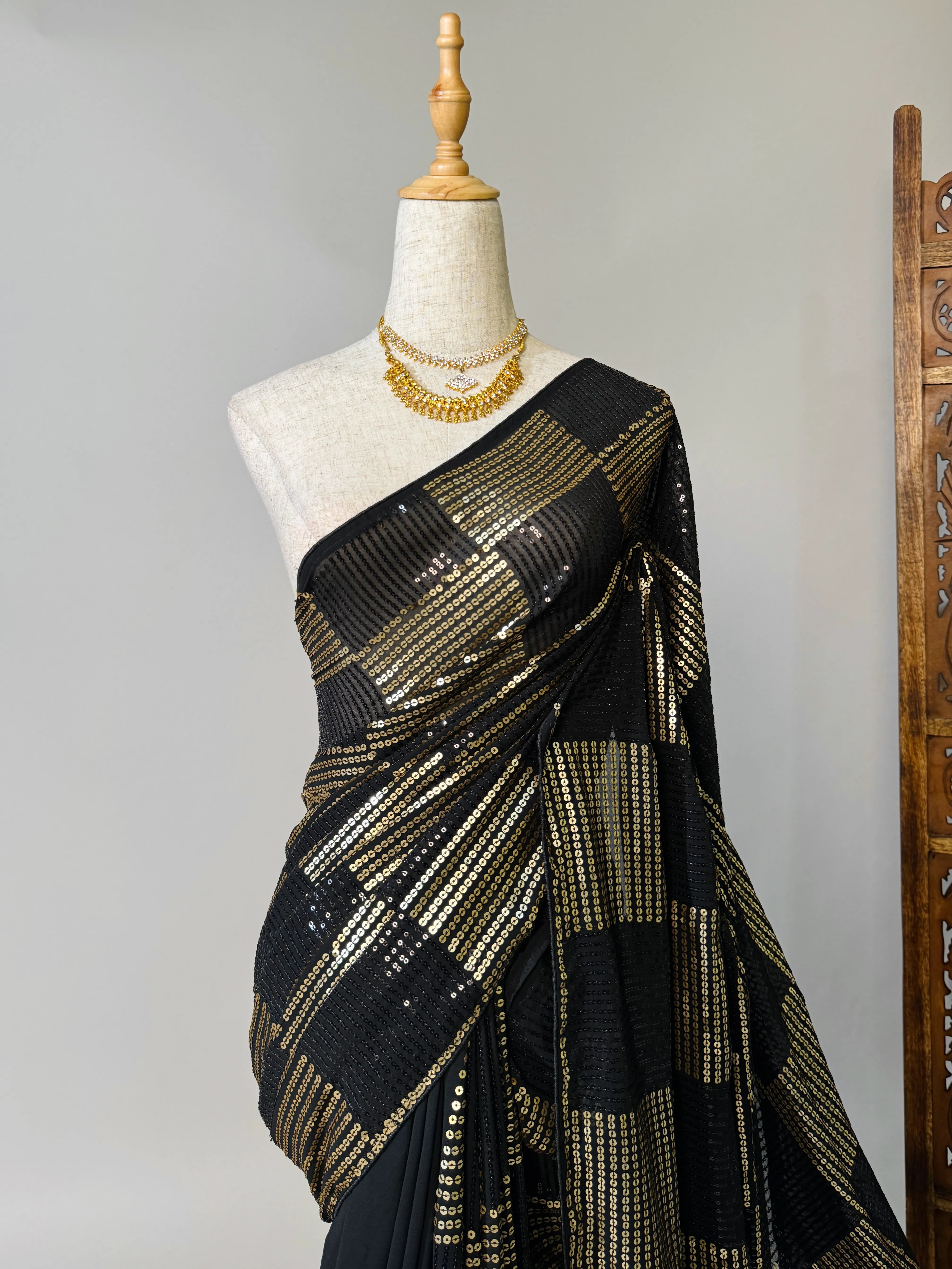 Black-Gold Sequin-Embroidered Georgette North-Saree