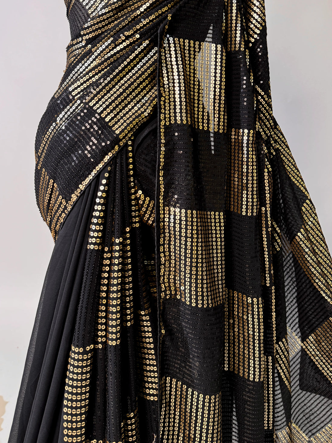 Black Gold Sequin Georgette North Saree - view 4