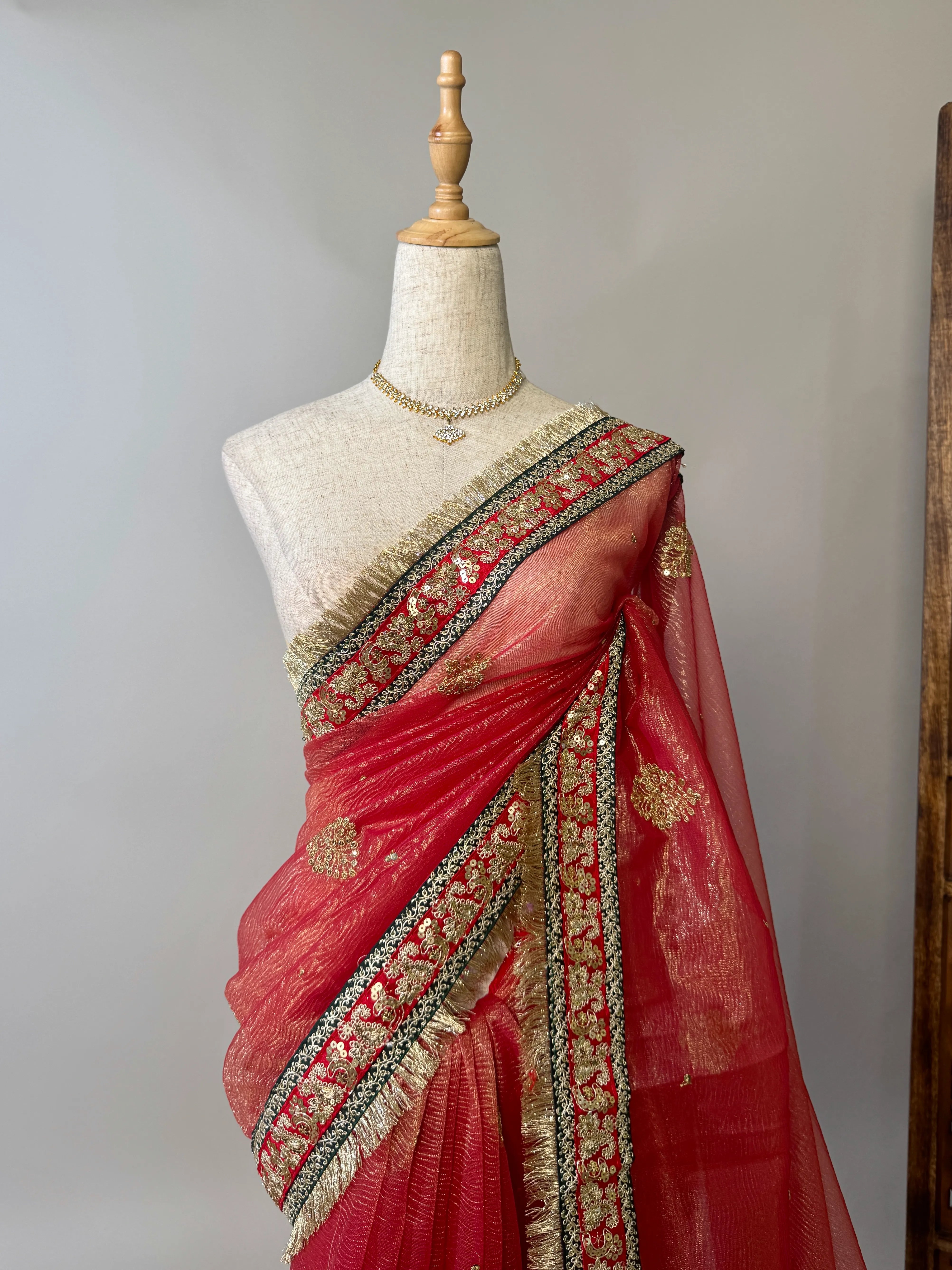Peach-Red Crushed-Silk-Tissue Embroidered-Border North-Saree