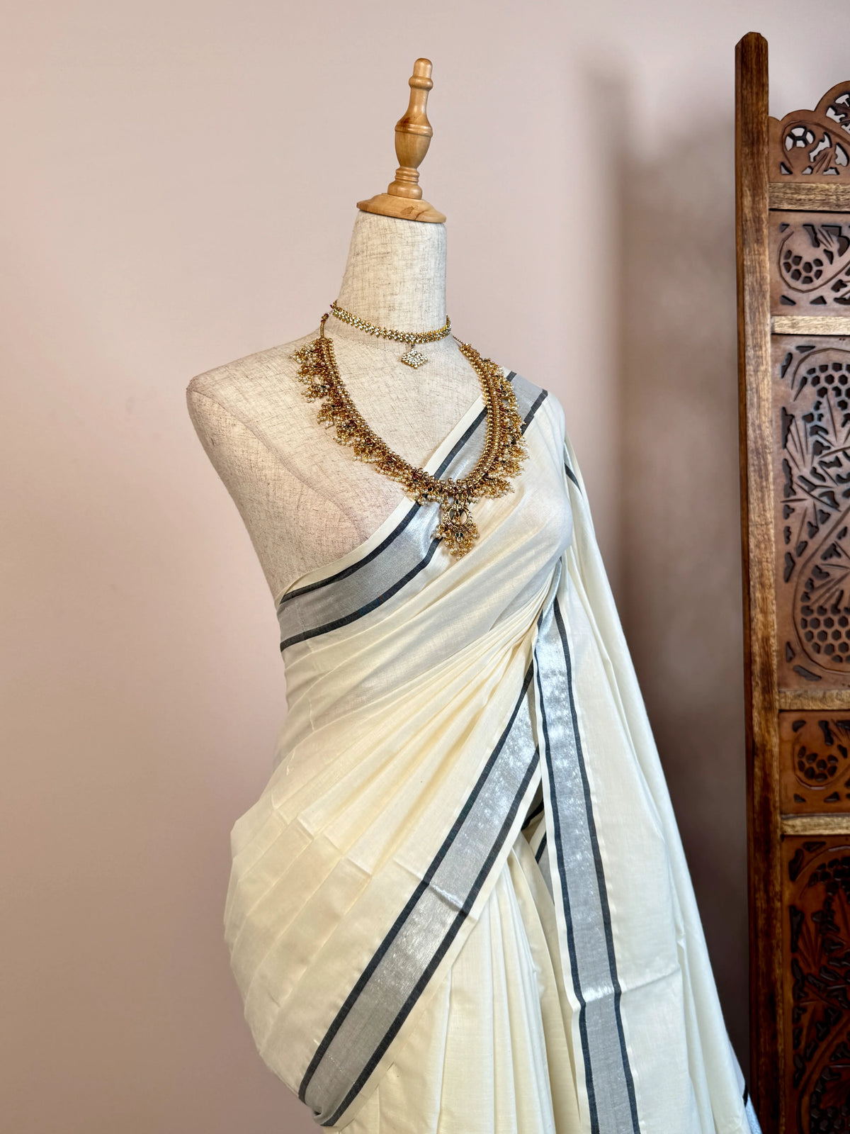 White Black Cotton Tassel South Saree - view 3