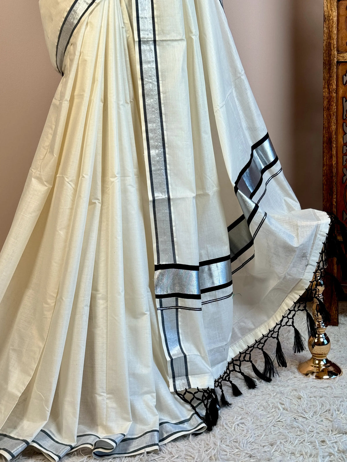 White Black Cotton Tassel South Saree - view 4