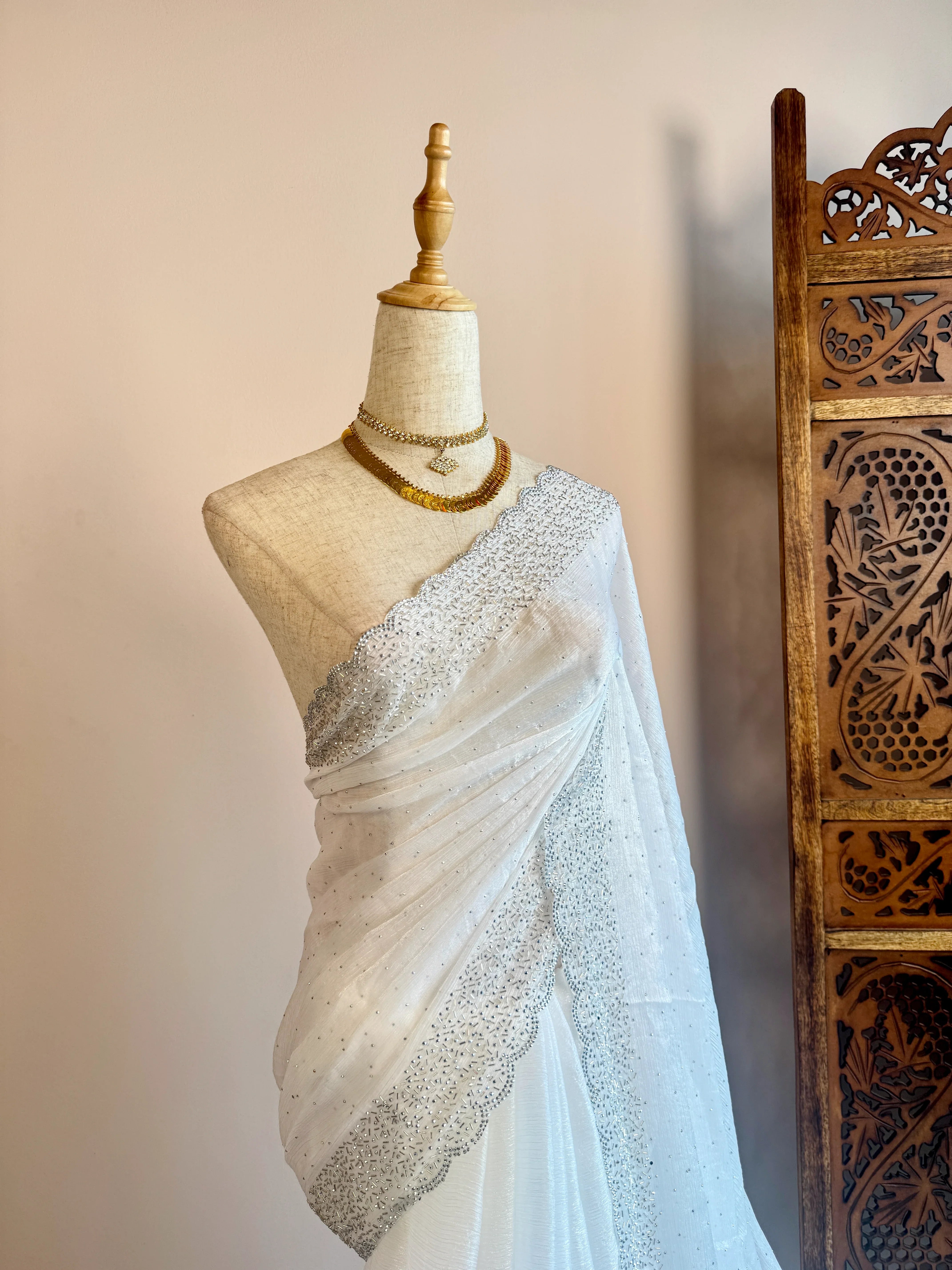 White Silken-Tissue Stonework-Border North-Saree