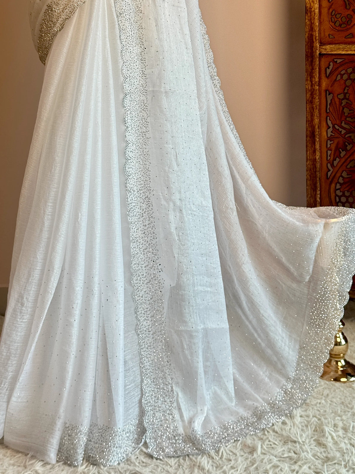 White Silken Tissue Stonework North Saree - view 3