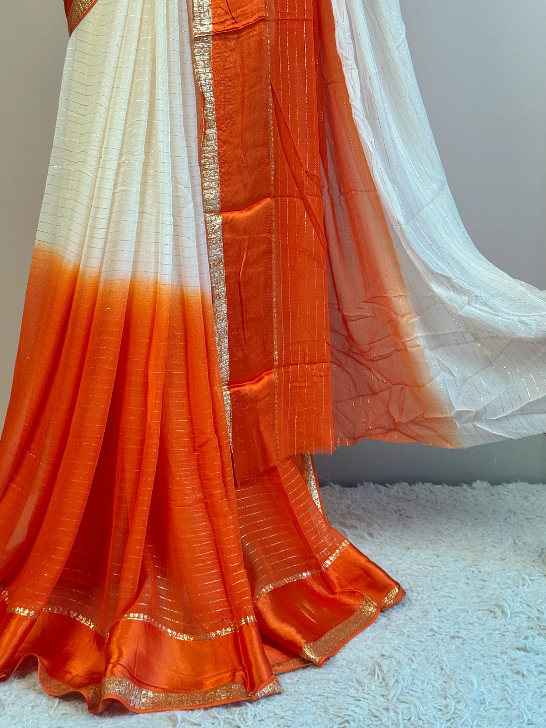 White Orange Chiffon Ombre North Saree - view 3