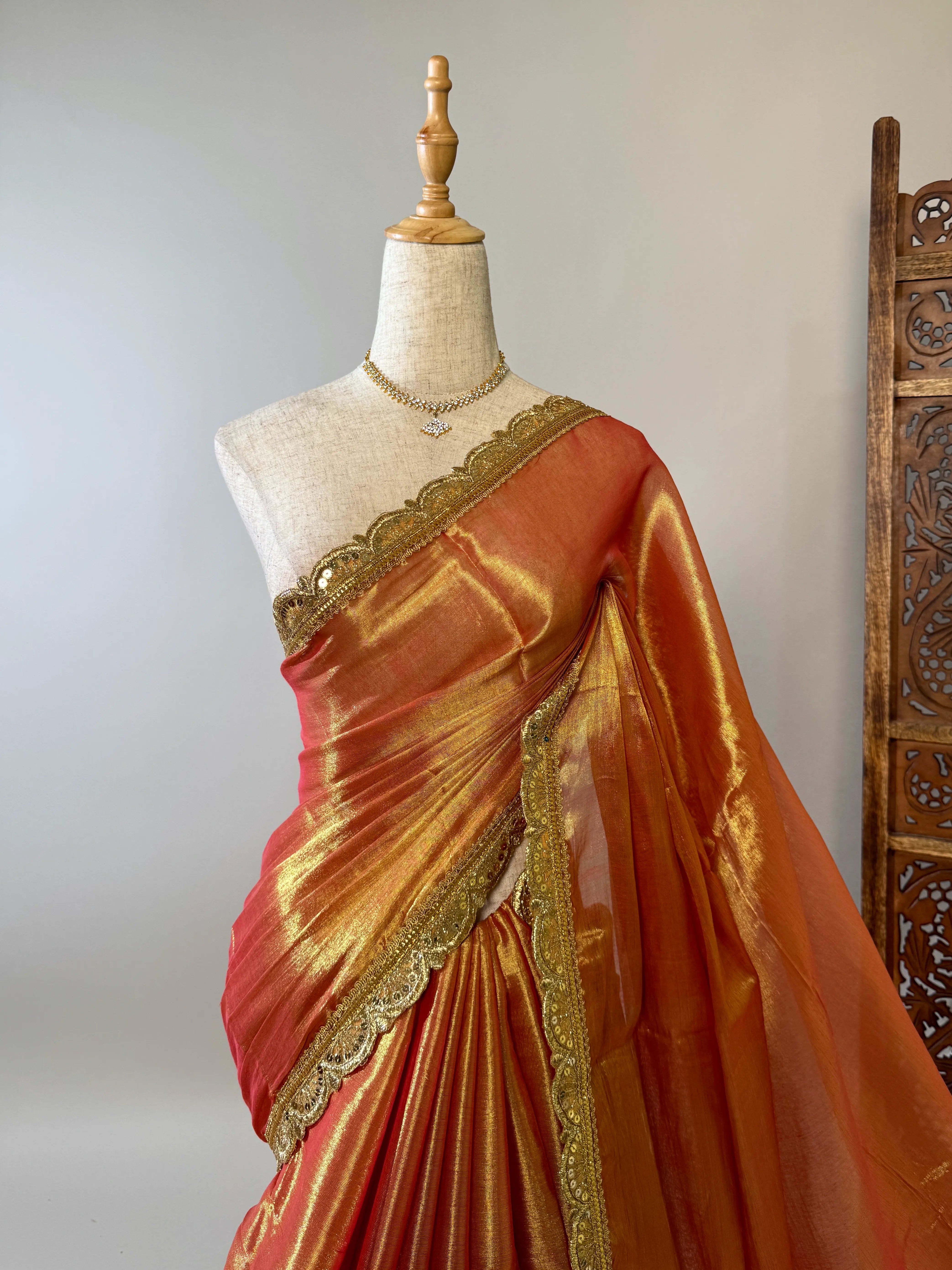 Peach-Gold Tissue-Cotton Grand-Sequin-Border North-Saree