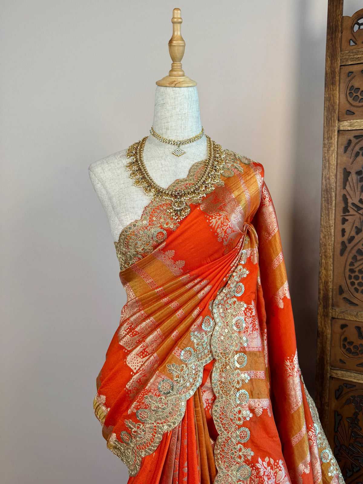 Rich Orange Silk Grand Border North Saree - view 2