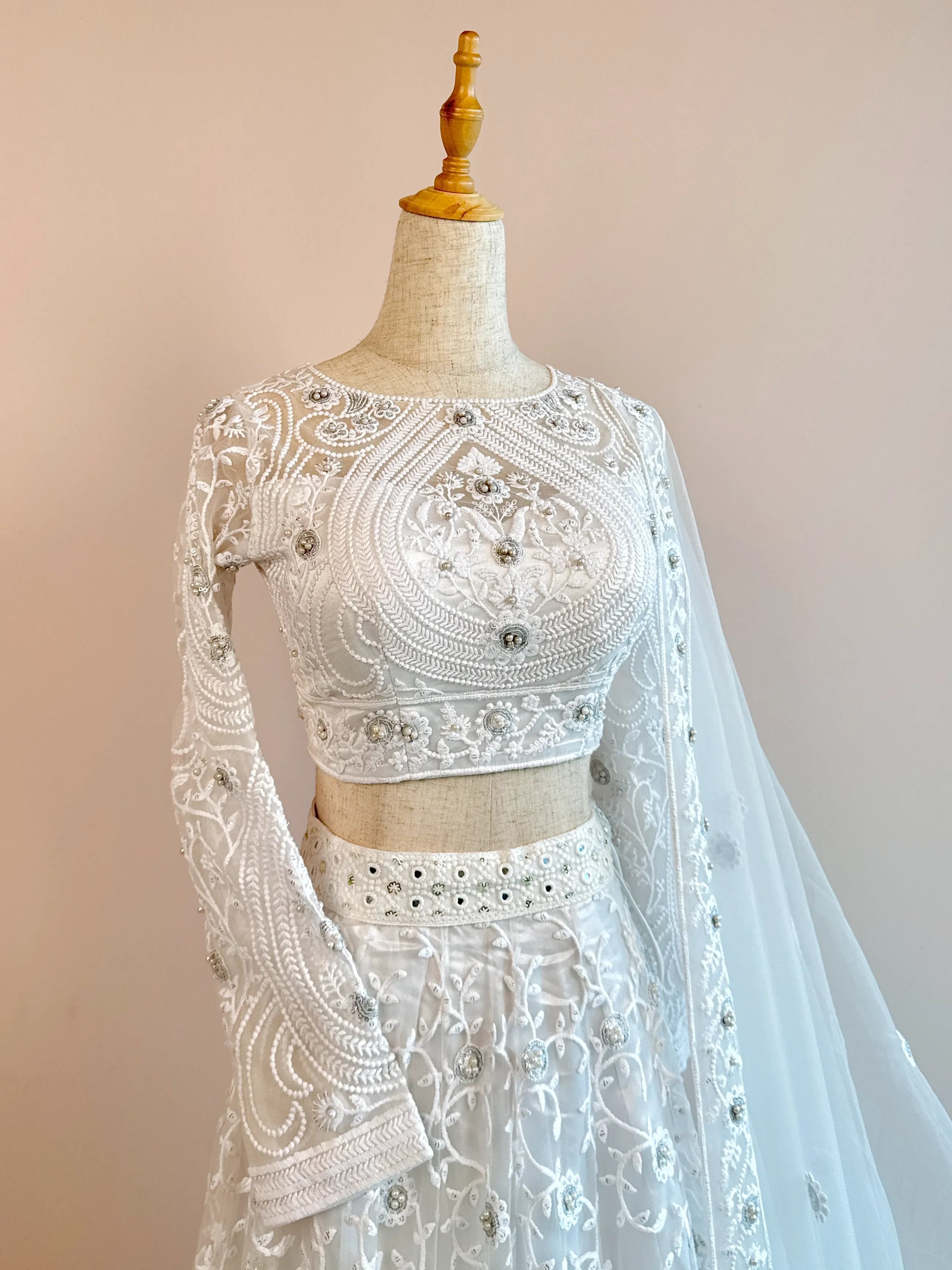 Pure-White Tulle-Net Pearl-Embroidered Kalidaar-Lehenga-Blouse-Dupatta-Set