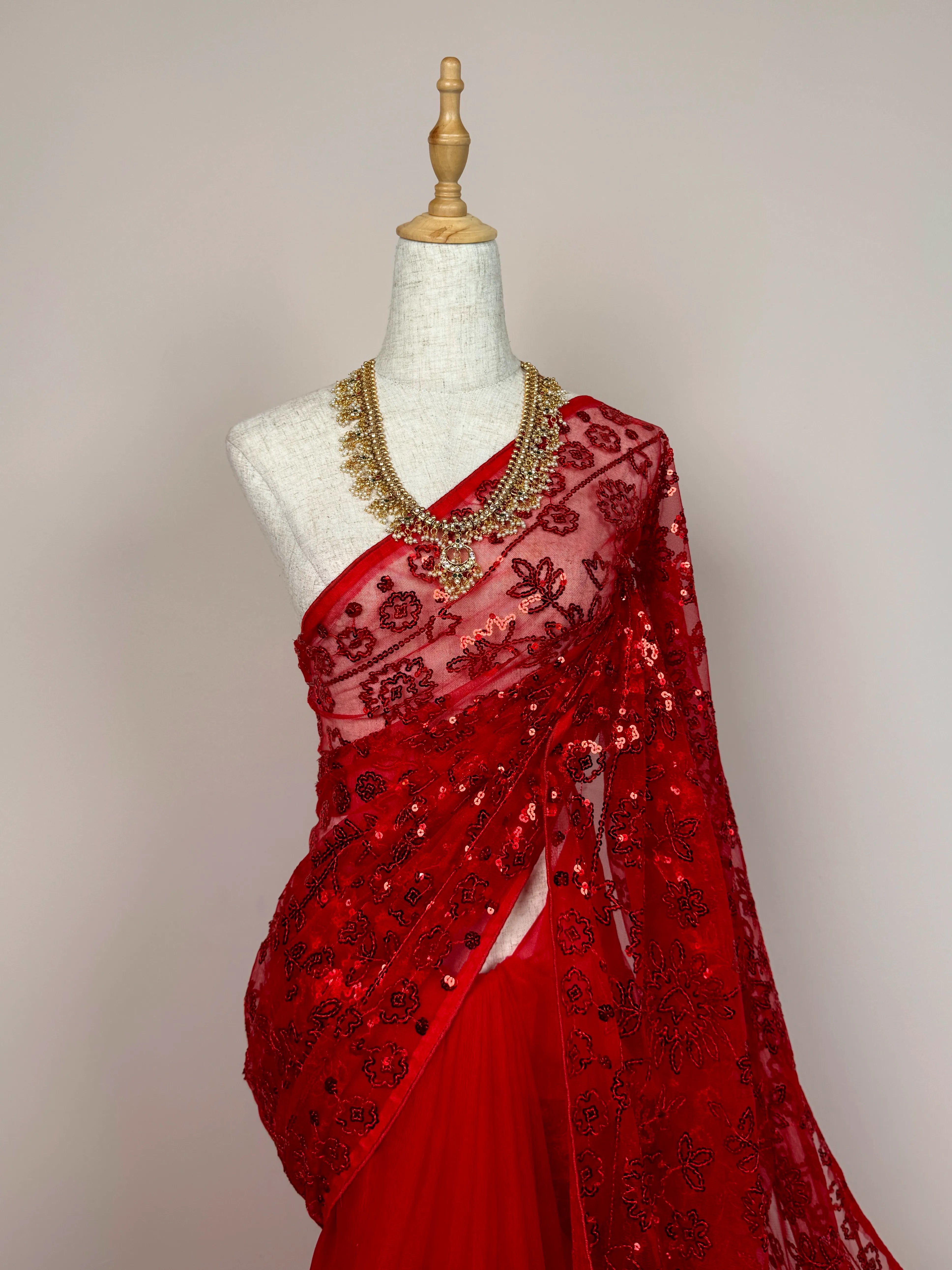 Chilli-Red Sequin-Stitched Net North-Saree